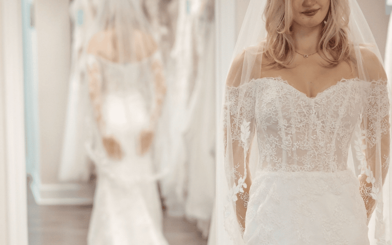 Church Wedding Dress Ideas: What to Wear for a Traditional Ceremony bride wearing off shoulder lace gown