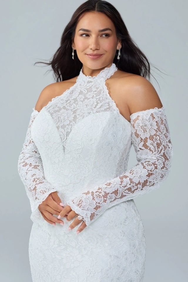 High Neck Lace Fit-and-Flare Wedding Dress Penelope | Style Y3249 High neck lace fit-and-flare wedding dress with detachable lace gauntlet sleeves and dramatic train by Sophia Tolli, style Y3249.