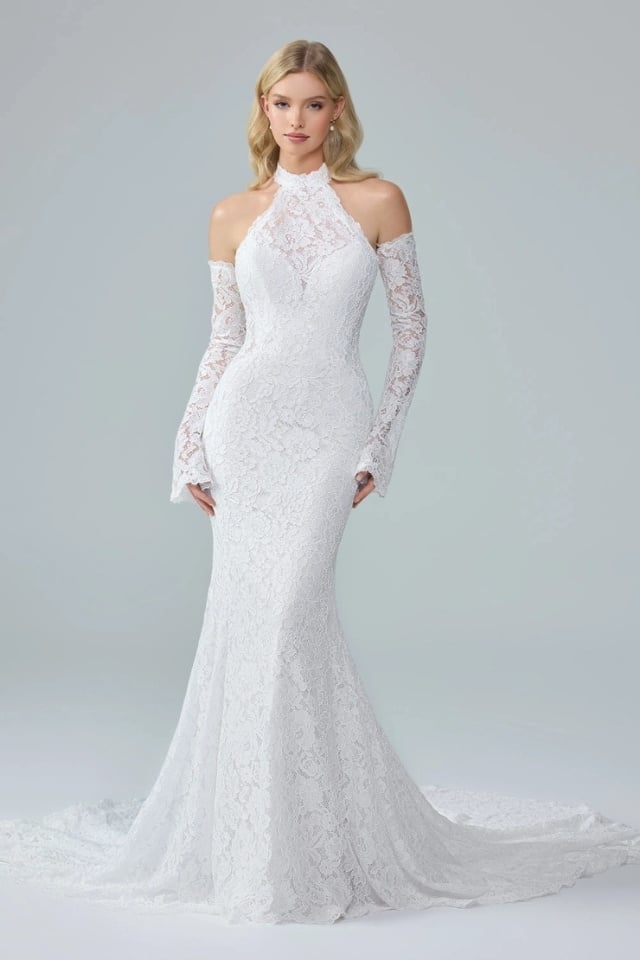 High neck lace fit-and-flare wedding dress with detachable lace gauntlet sleeves and dramatic train by Sophia Tolli, style Y3249.