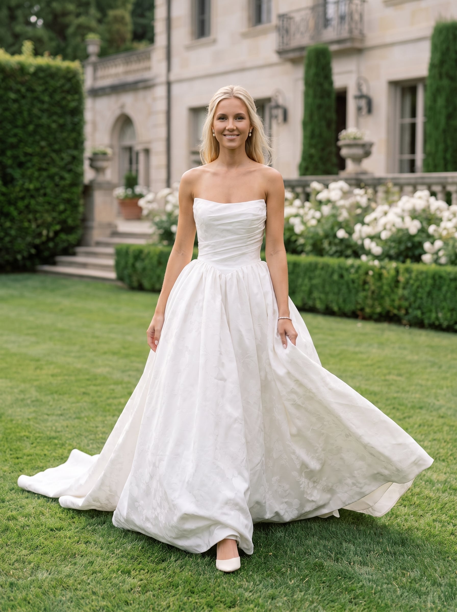 Strapless floral jacquard satin ball gown wedding dress with a softly draped bodice, fitted waist, full gathered skirt, and sweeping train.