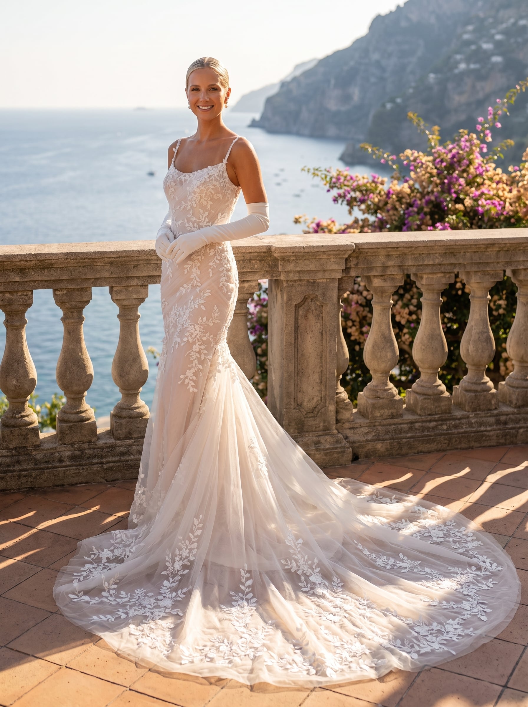 Fit-and-flare tulle wedding gown with ruched detailing, delicate straps, 3D floral lace appliqués, and a dramatic lace-trimmed train.