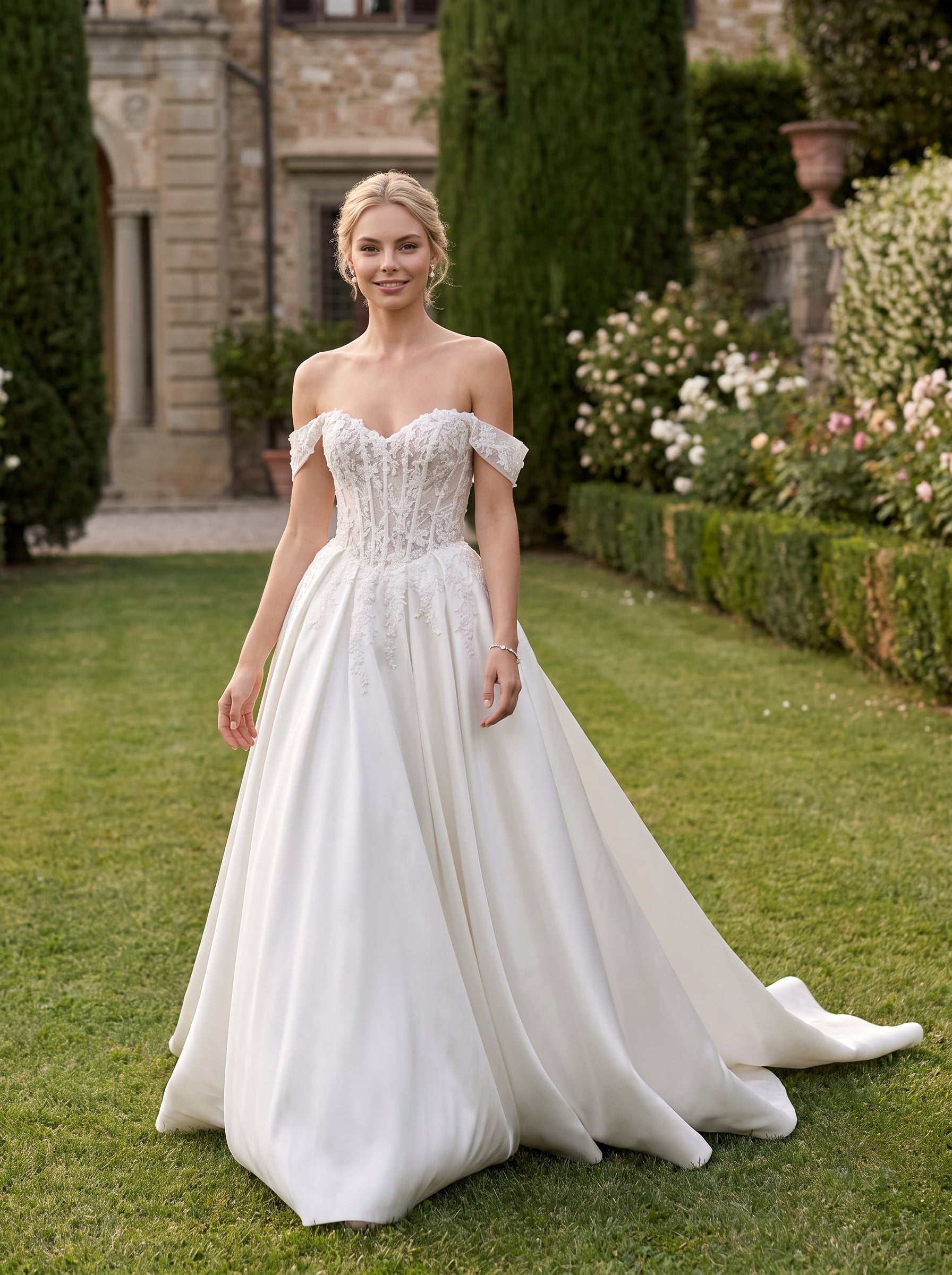 Off-the-shoulder Mikado ball gown wedding dress with a lace corset bodice, sweetheart neckline, floral appliqués, and a full flowing skirt with train.
