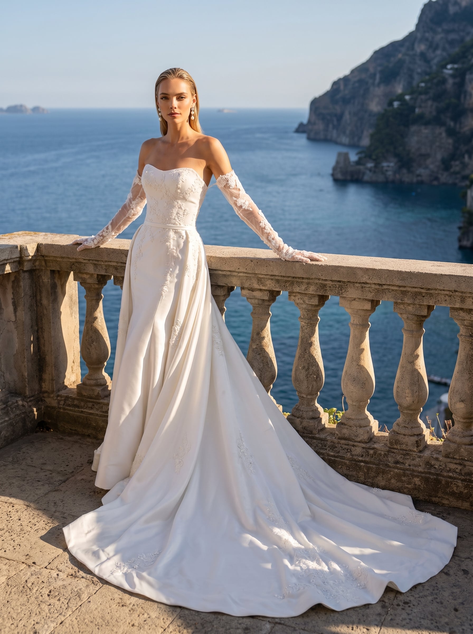 Strapless stretch Mikado fit-and-flare wedding gown with a sweetheart neckline, delicate lace appliqués, detachable sheer lace sleeves, and a long sweeping train.