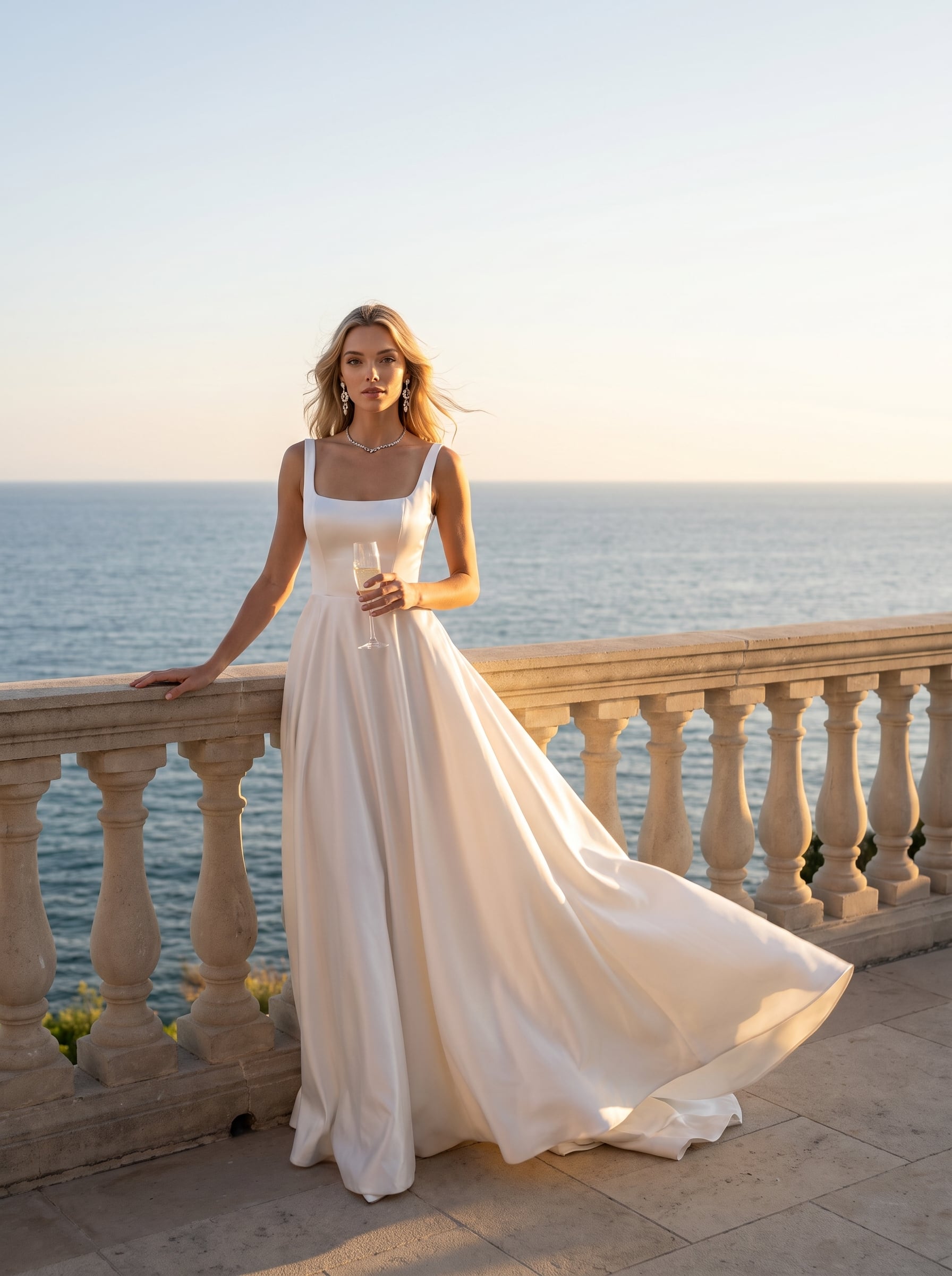Square-neck Mikado A-line wedding gown with wide straps, a structured bodice, natural waist, and a flowing full skirt.