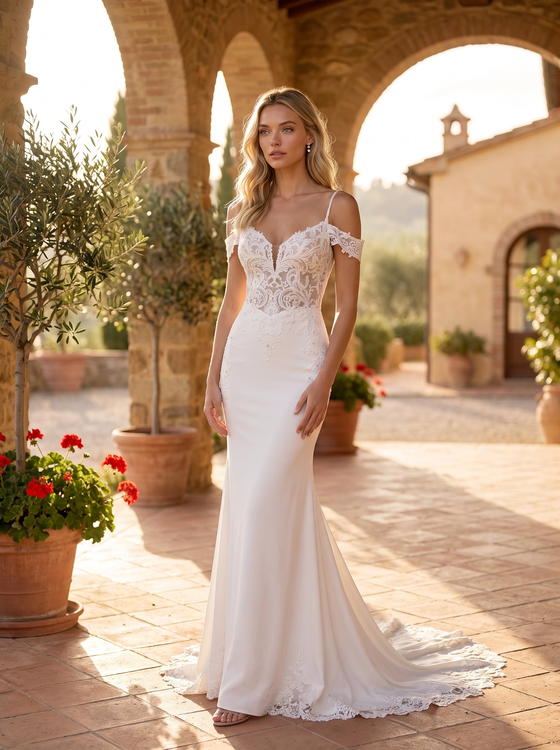 Crepe fit-and-flare wedding gown with a deep illusion neckline, embroidered off-the-shoulder cap sleeves, lace appliqués, and a cathedral-length lace train.