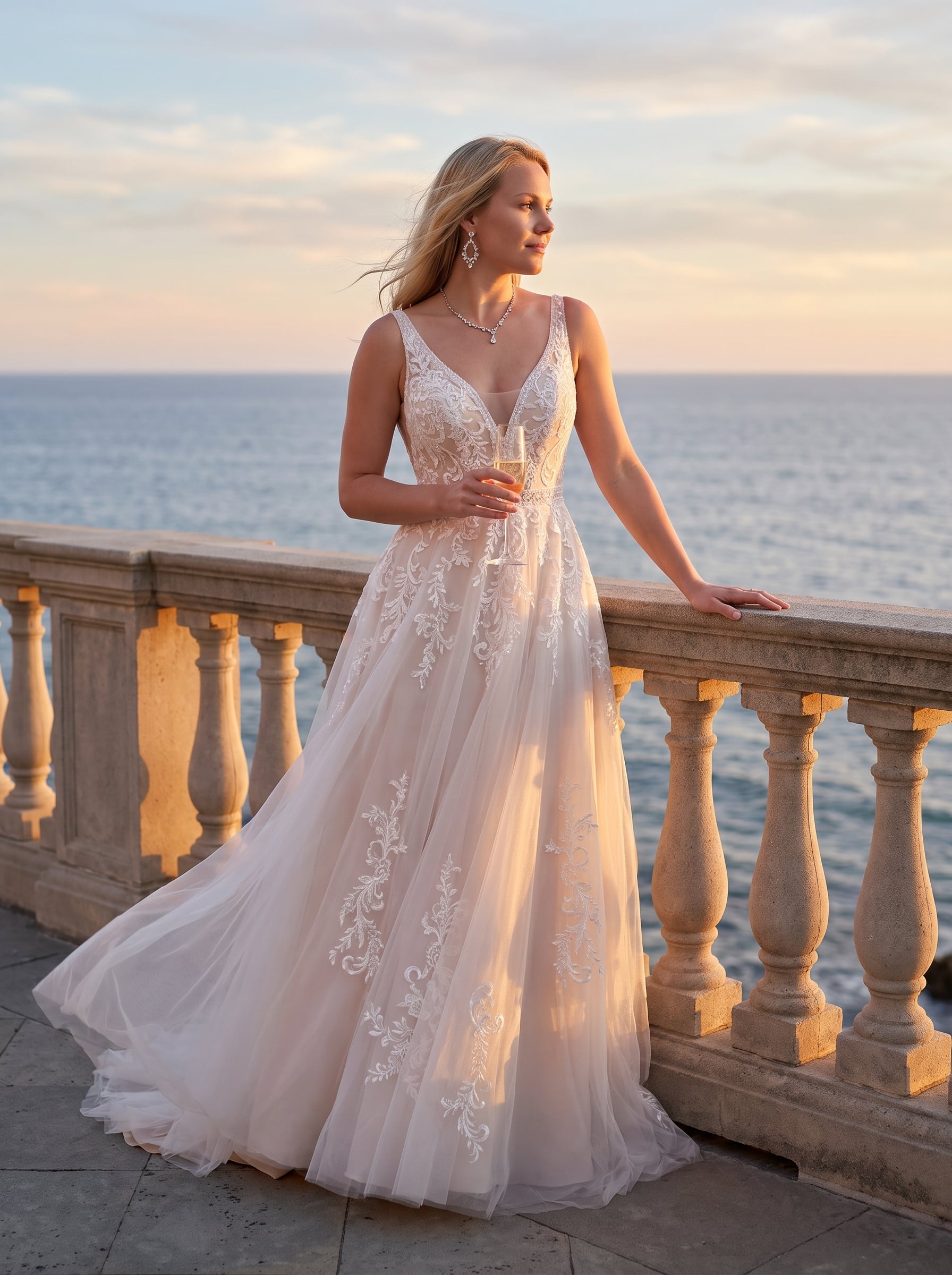 A-line lace wedding gown with a plunging V-neckline, wide straps, illusion bodice, floral lace appliqués, and a soft tulle skirt with a flowing train.