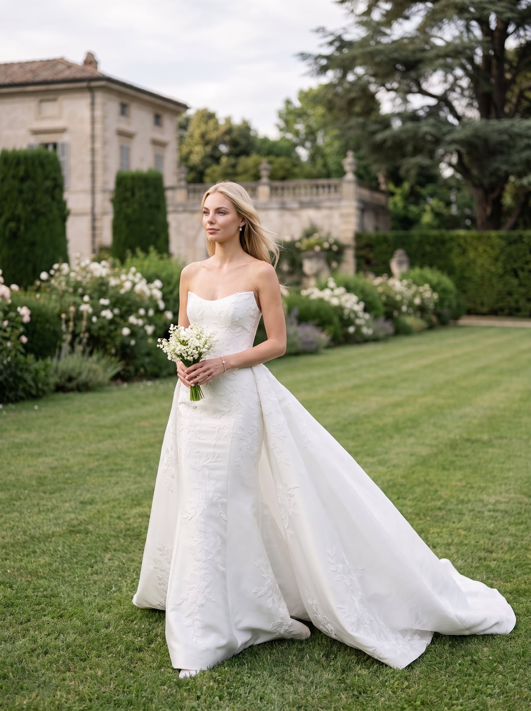 Page Updates & Announcements Strapless stretch Mikado A-line wedding gown with a softly sculpted neckline, delicate floral appliqués, full skirt, and sweeping train.