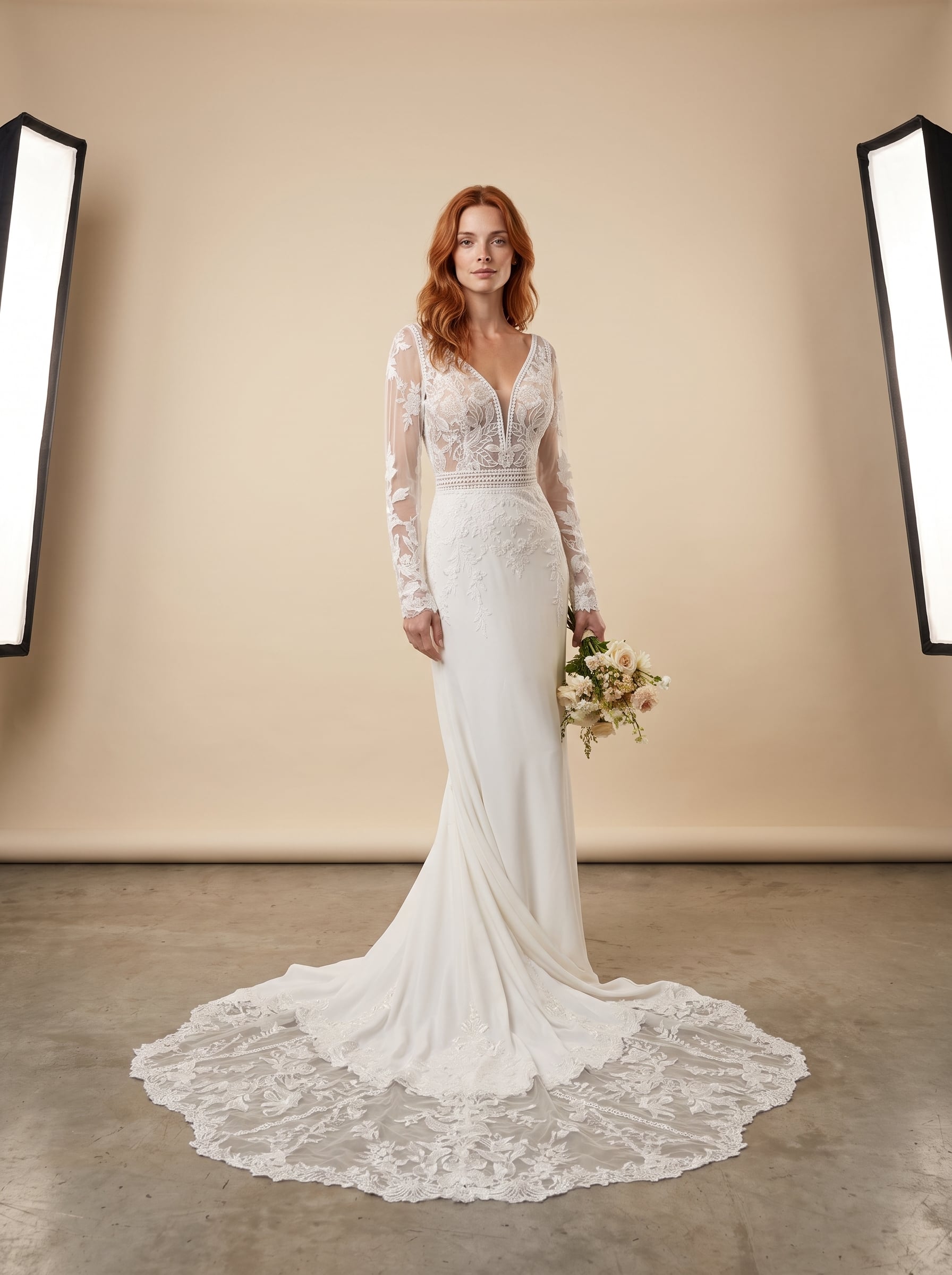 Fit-and-flare wedding gown with floral appliqués, a deep illusion neckline, sheer long sleeves, and a lace train.