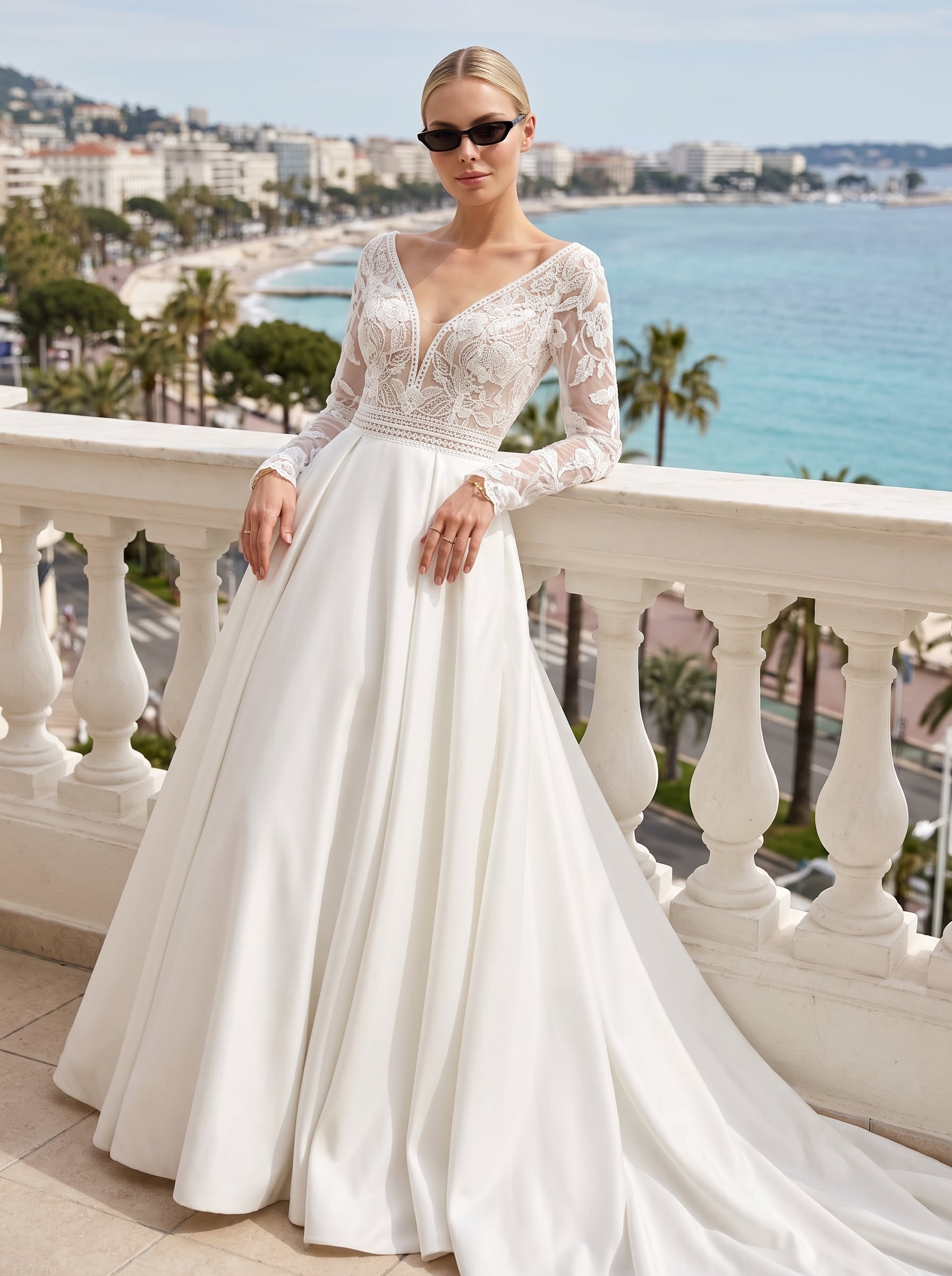 Page Updates & Announcements Ball gown wedding dress with a V-neckline, sheer lace long sleeves, an illusion lace bodice, satin skirt, and flowing train.