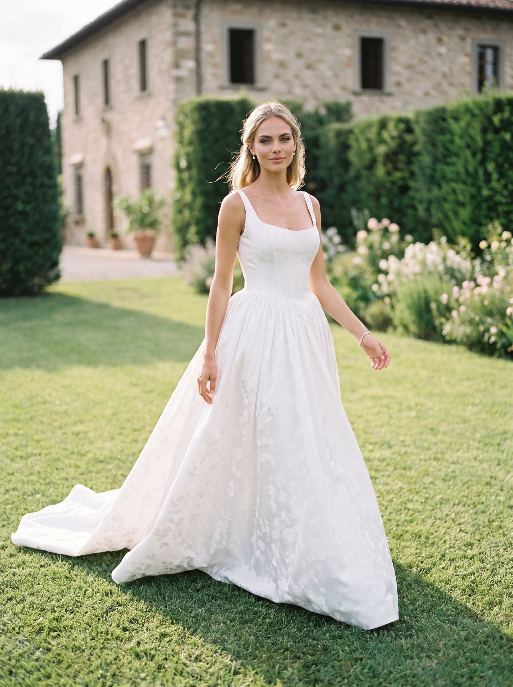 Page Updates & Announcements A-line wedding gown with a plunging V-neckline, wide straps, a structured waistband, smooth satin fabric, and a long flowing train. Square-neck A-line wedding gown with wide straps, a structured basque waist, subtle floral jacquard detailing, and a full flowing skirt with train.