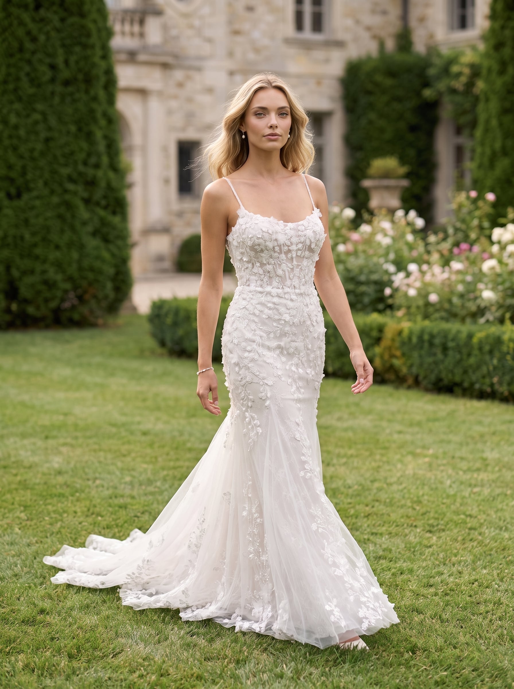 Page Updates & Announcements Fit-and-flare wedding gown with delicate spaghetti straps, a textured floral lace bodice, 3D appliqué detailing, and a soft tulle skirt with a flowing train.
