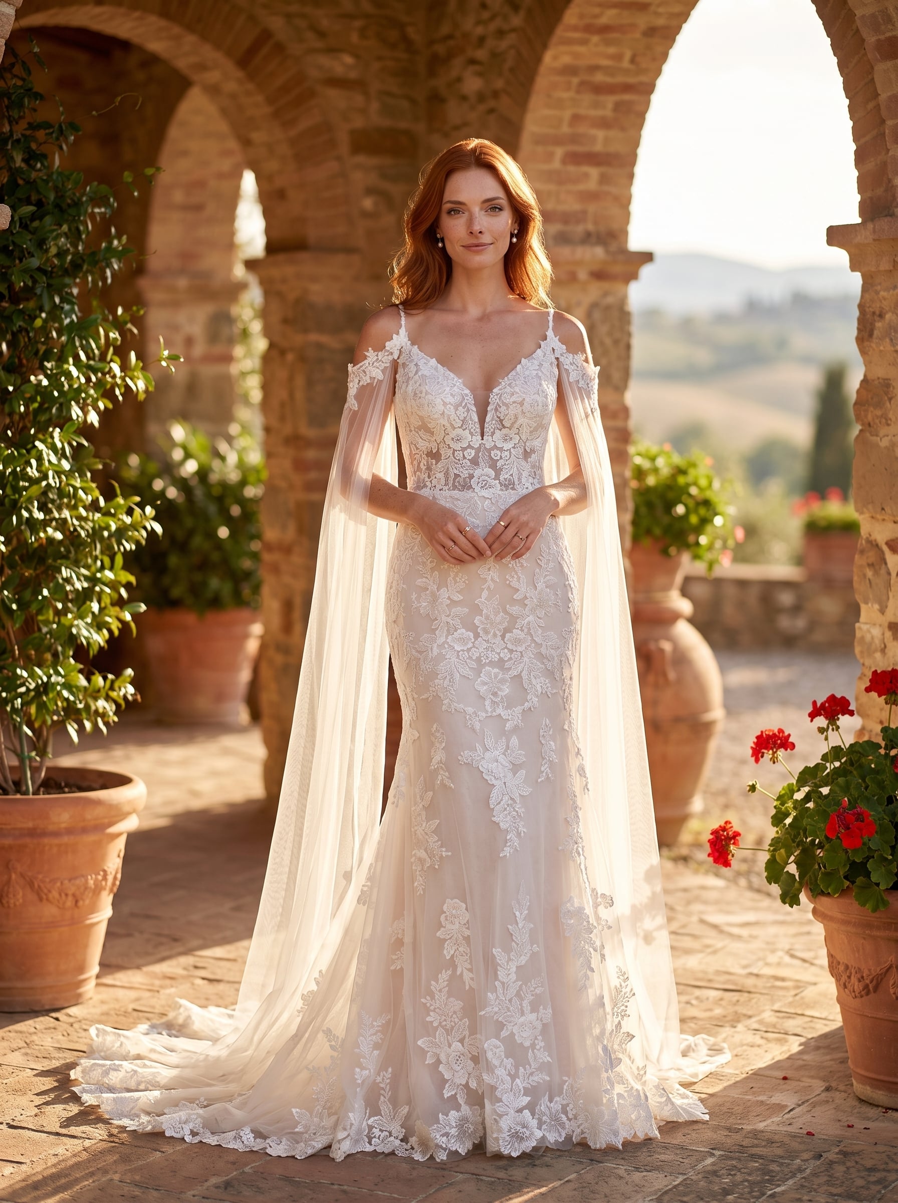 Fitted lace wedding gown with a deep V-neckline, delicate straps, floral lace appliqués, and optional flowing cape sleeves.