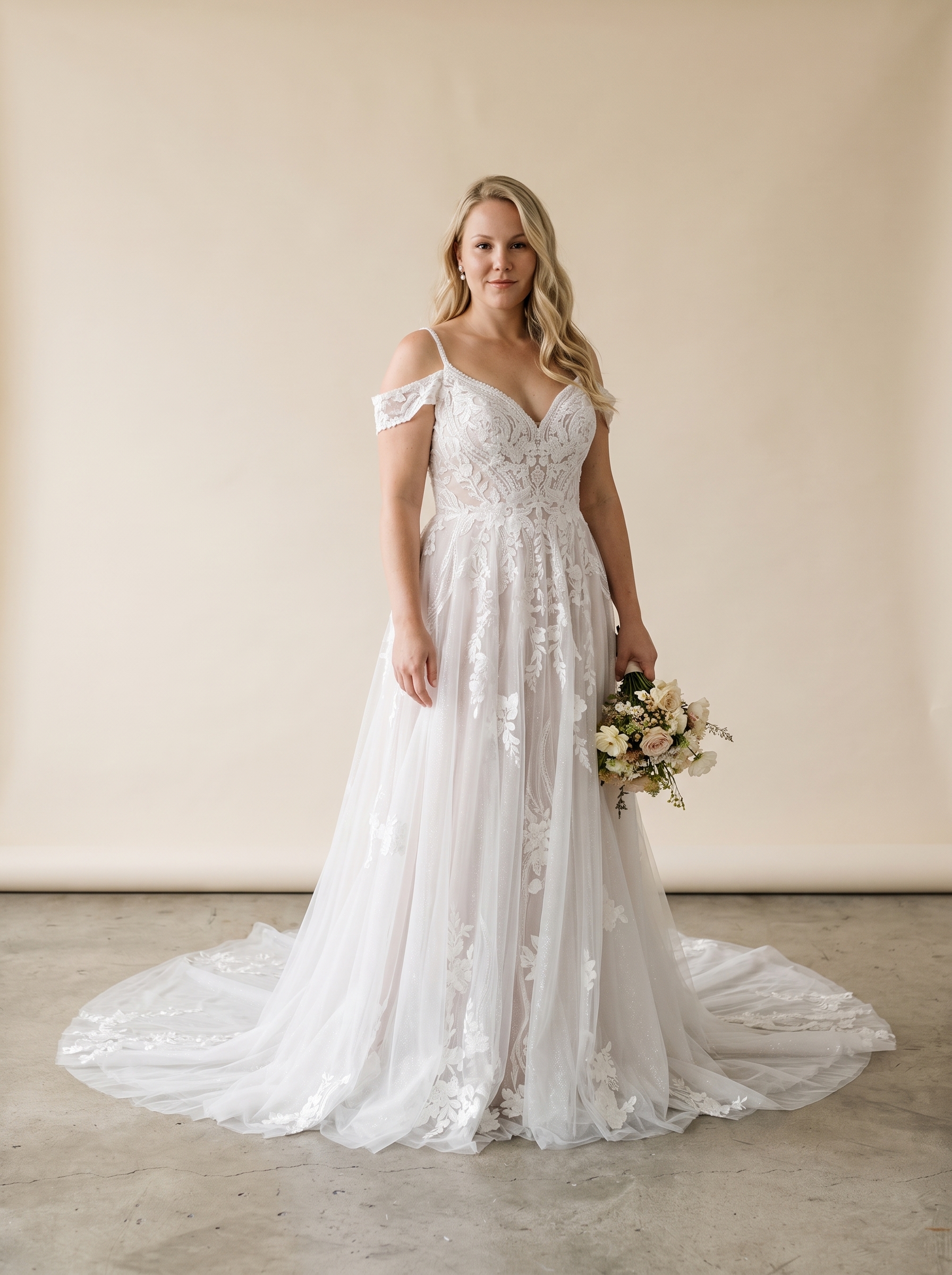 Page Updates & Announcements A-line wedding gown with a V-neckline, off-the-shoulder straps, floral lace appliqués, subtle sparkle, and a flowing lace-trimmed train.