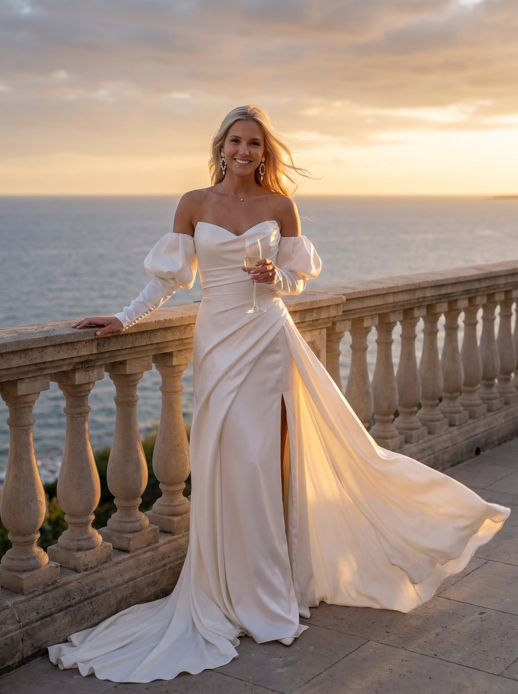 Off-the-shoulder satin wedding gown with a sweetheart neckline, dramatic puff sleeves, ruched bodice, thigh-high slit, and a flowing train.