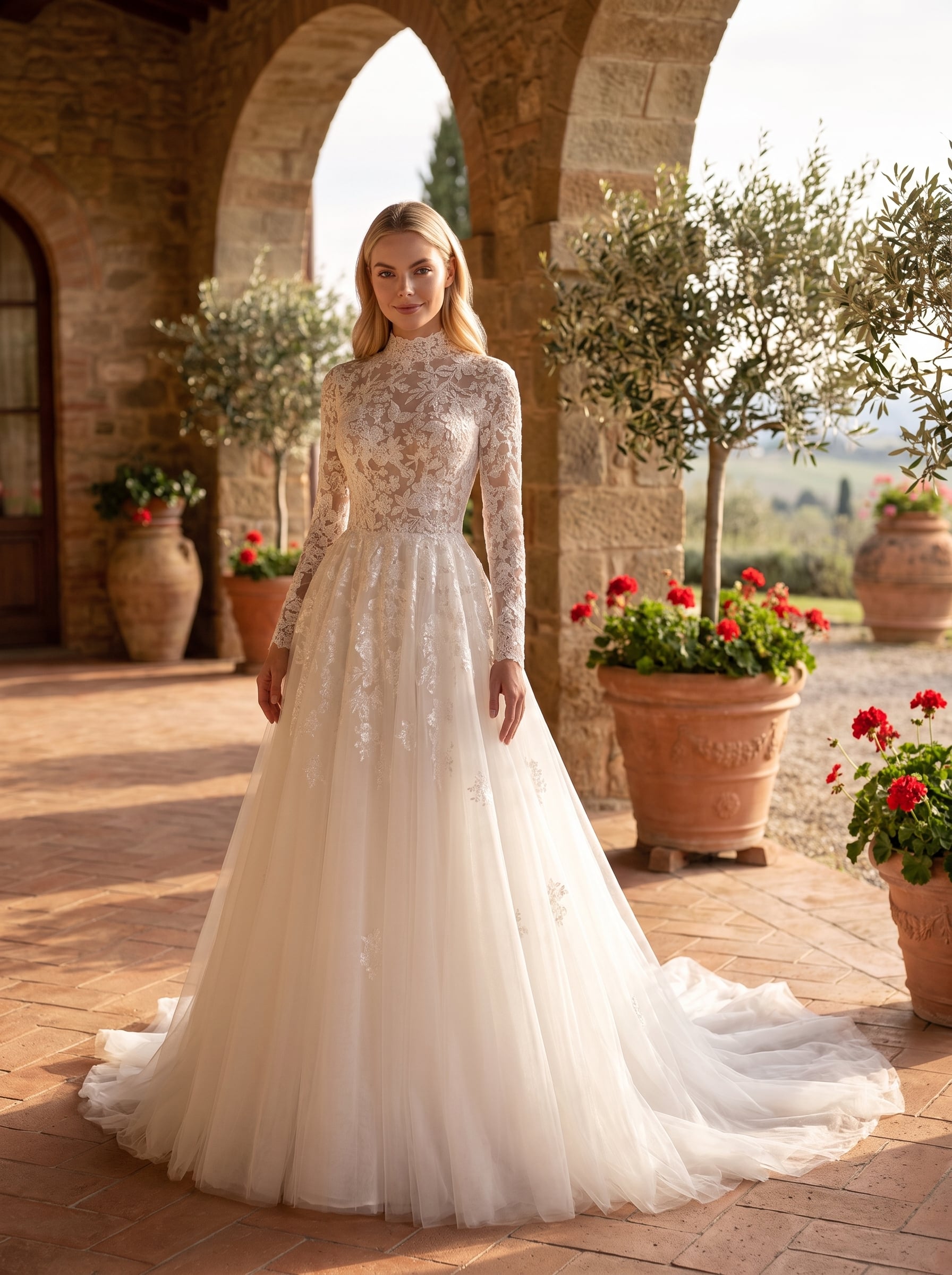 High-neck A-line wedding gown with sheer long lace sleeves, an illusion floral lace bodice, soft tulle skirt, and a flowing train.