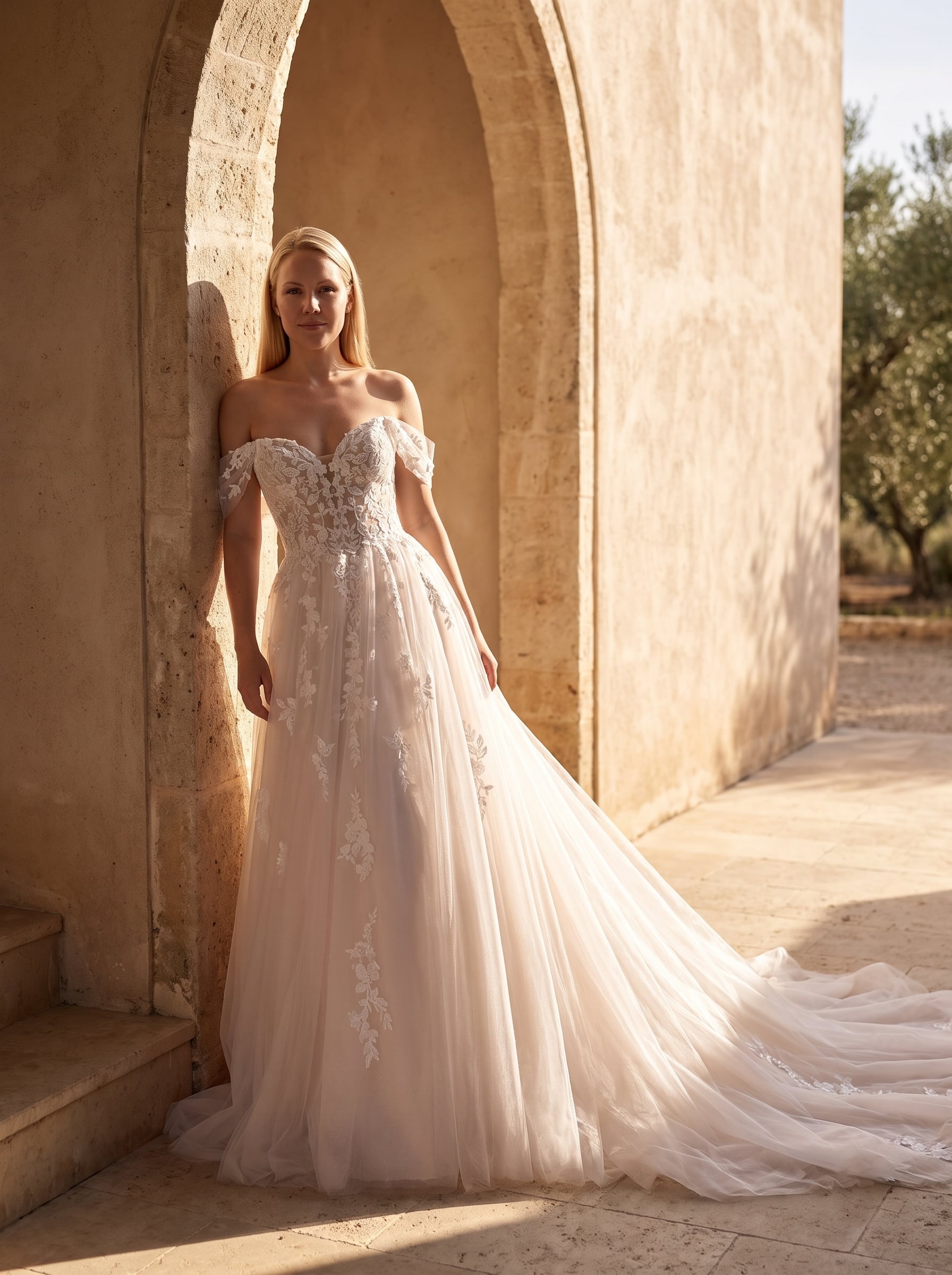 Page Updates & Announcements A-line wedding gown with a sweetheart neckline, off-the-shoulder swags, sparkle tulle, floral appliqués, and a flowing train.