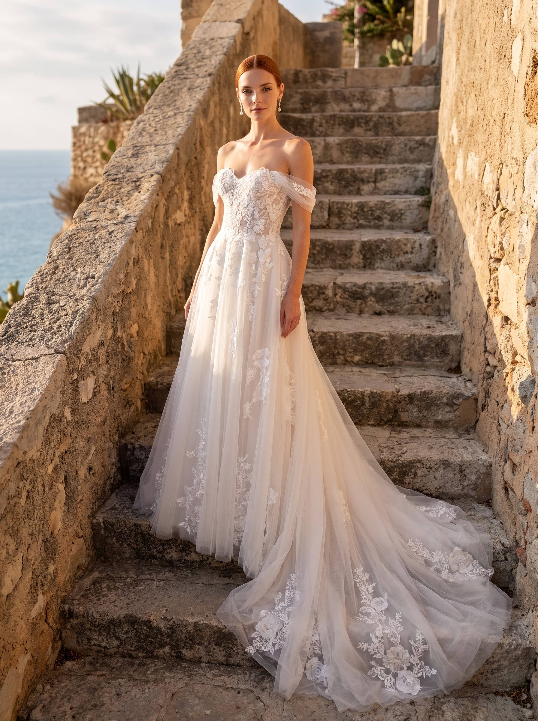 Off-the-shoulder A-line wedding gown with a sweetheart lace bodice, floral appliqués, soft tulle skirt, and a long lace-trimmed train.