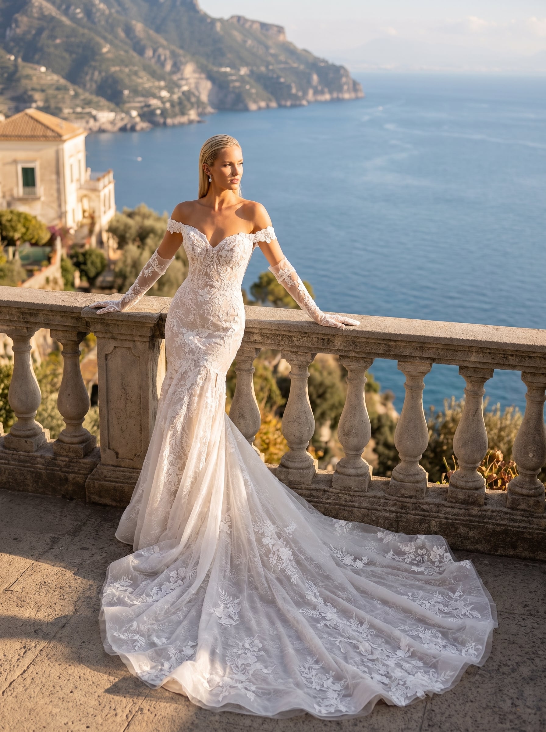 Page Updates & Announcements Off-the-shoulder fitted lace wedding gown with a sweetheart neckline, floral detailing, sheer lace sleeves, and a long lace train.