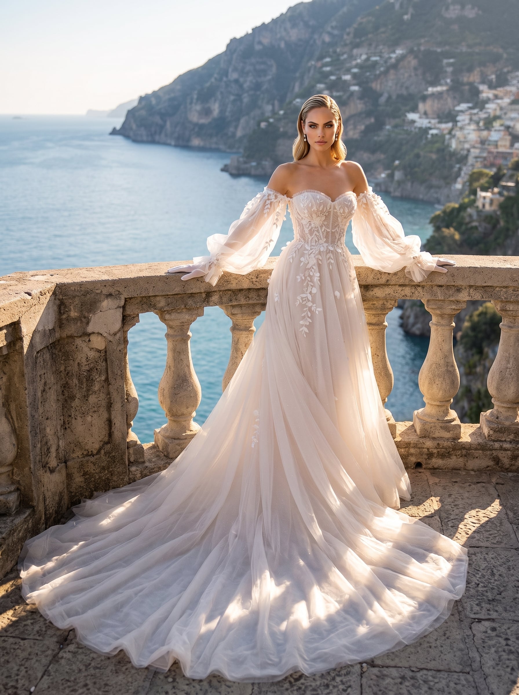Page Updates & Announcements Off-the-shoulder A-line wedding gown with a sweetheart corset bodice, floral lace appliqués, sheer billowing sleeves, soft tulle skirt, and a dramatic flowing train.