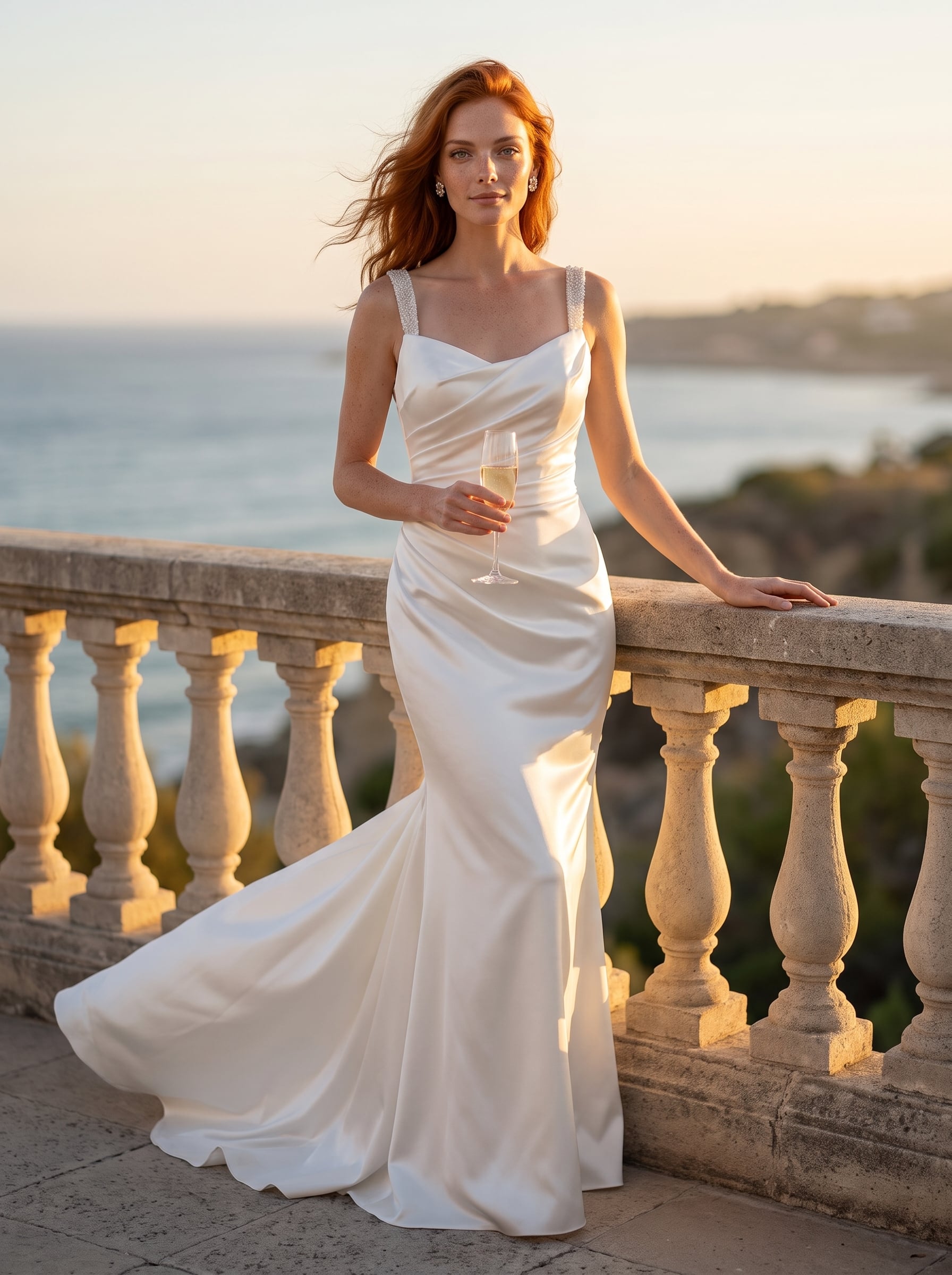 Page Updates & Announcements Fit-and-flare satin wedding gown with a softly draped square neckline, beaded straps, ruched bodice, and a flowing train.