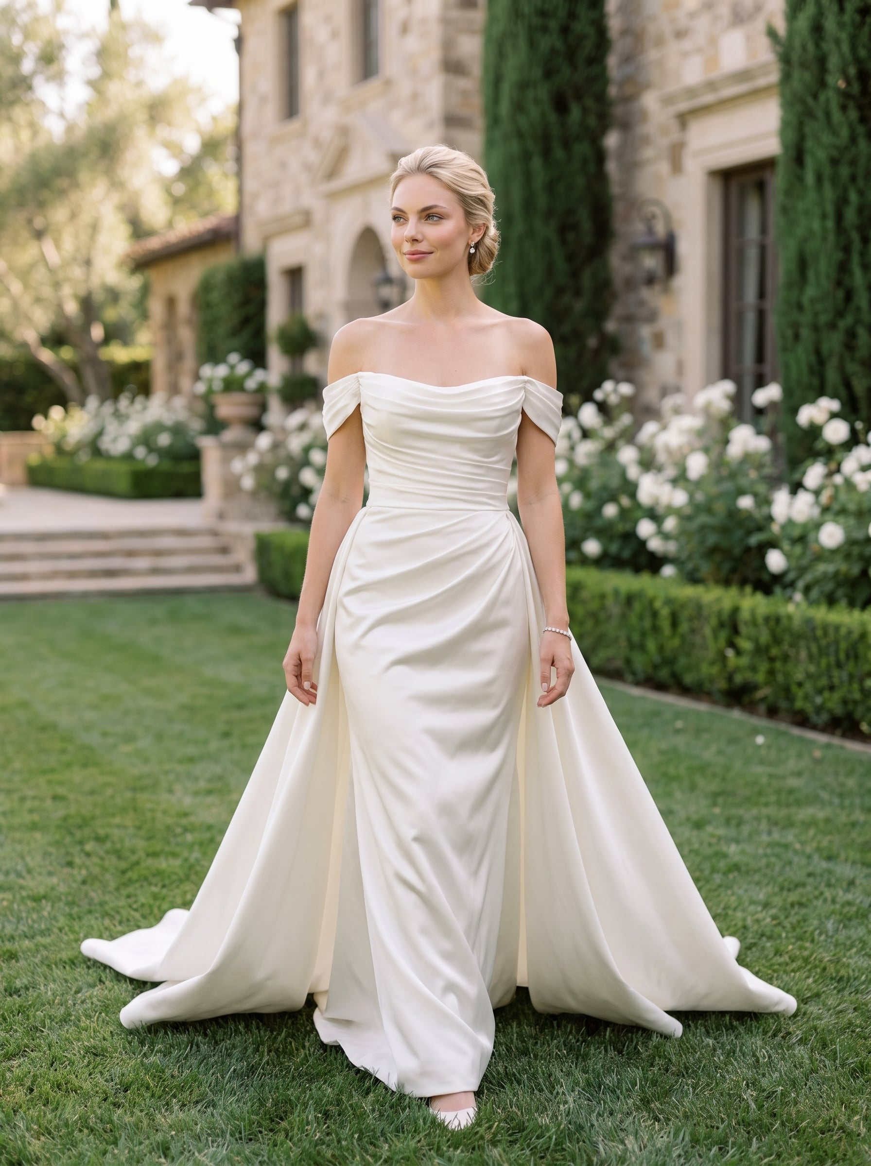 Page Updates & Announcements Off-the-shoulder satin wedding gown with a draped neckline, ruched bodice, fitted skirt, and a dramatic overskirt with flowing train.