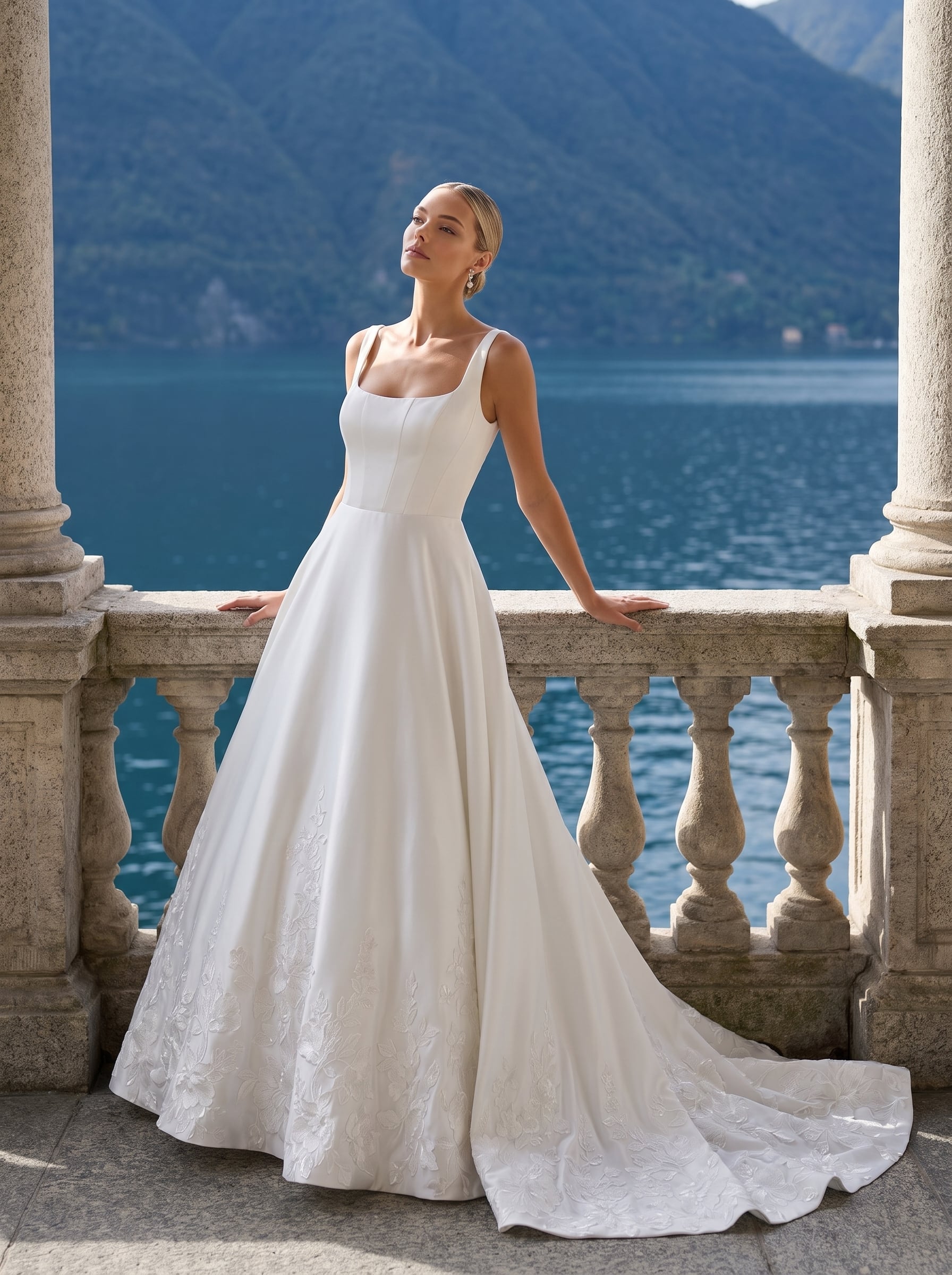 Page Updates & Announcements Square-neck A-line wedding gown with wide straps, a structured bodice, smooth satin skirt, floral lace detailing along the hem, and a flowing train.