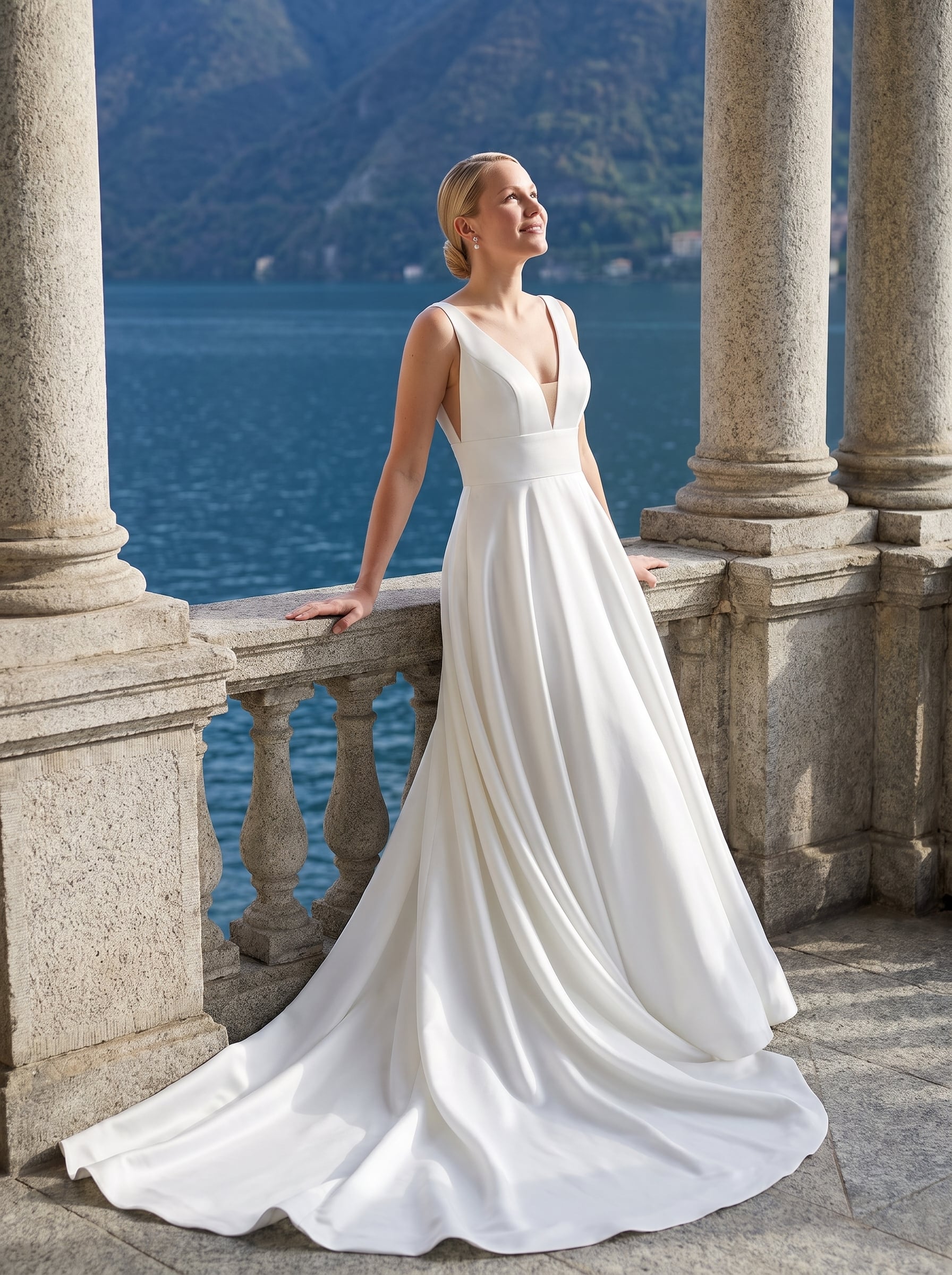 Page Updates & Announcements A-line wedding gown with a plunging V-neckline, wide straps, a structured waistband, smooth satin fabric, and a long flowing train.