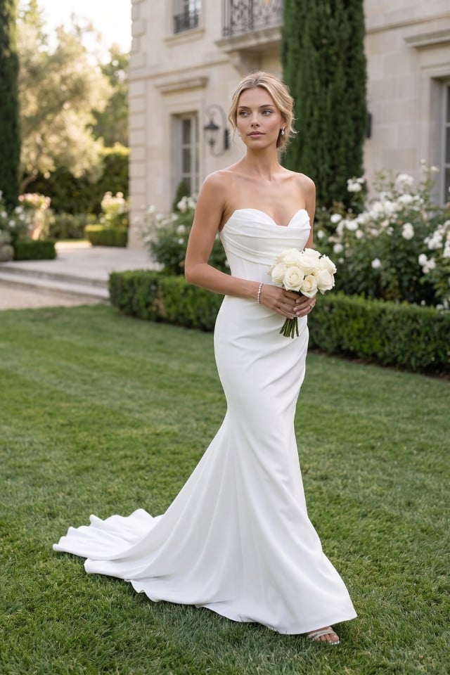 Page Updates & Announcements Charolette strapless fit and flare wedding dress with draped sweetheart neckline, ruched bodice, and sweeping train.