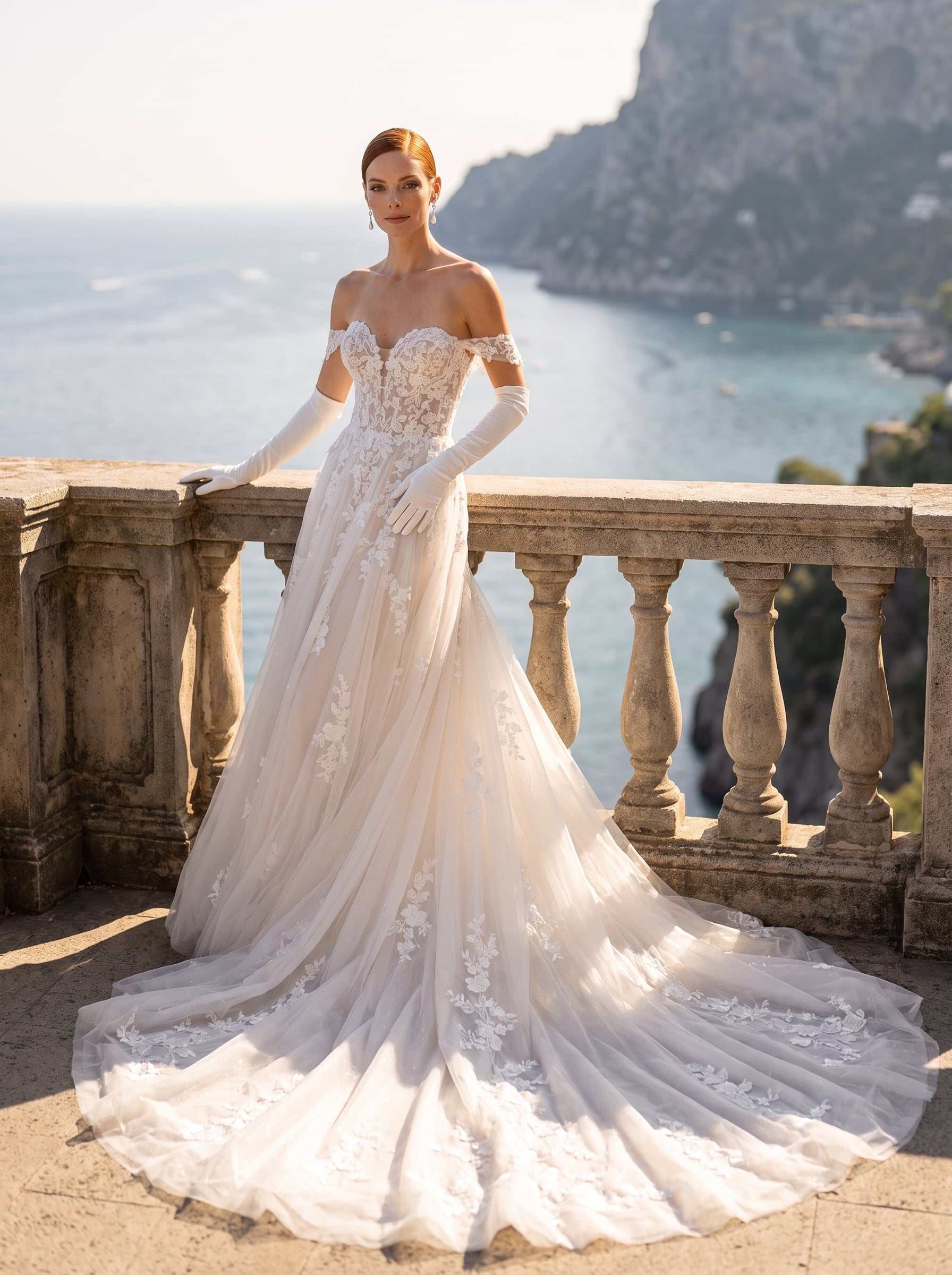 Page Updates & Announcements Reign tulle A-line wedding dress with floral lace bodice, sweetheart neckline, off-the-shoulder straps, and flowing train.