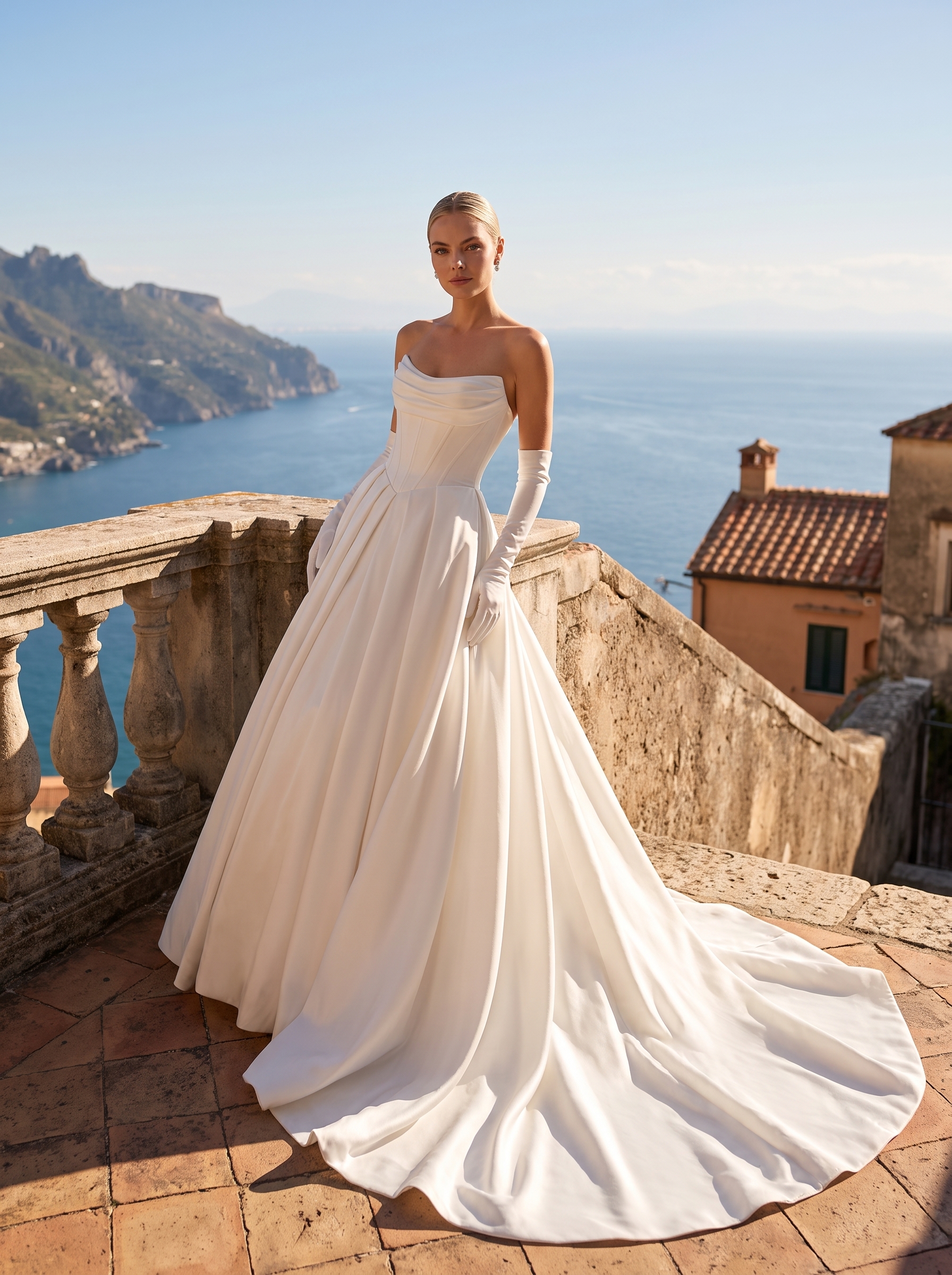Eloise ivory soft satin ball gown wedding dress with a draped strapless neckline, structured corset bodice, and flowing train.