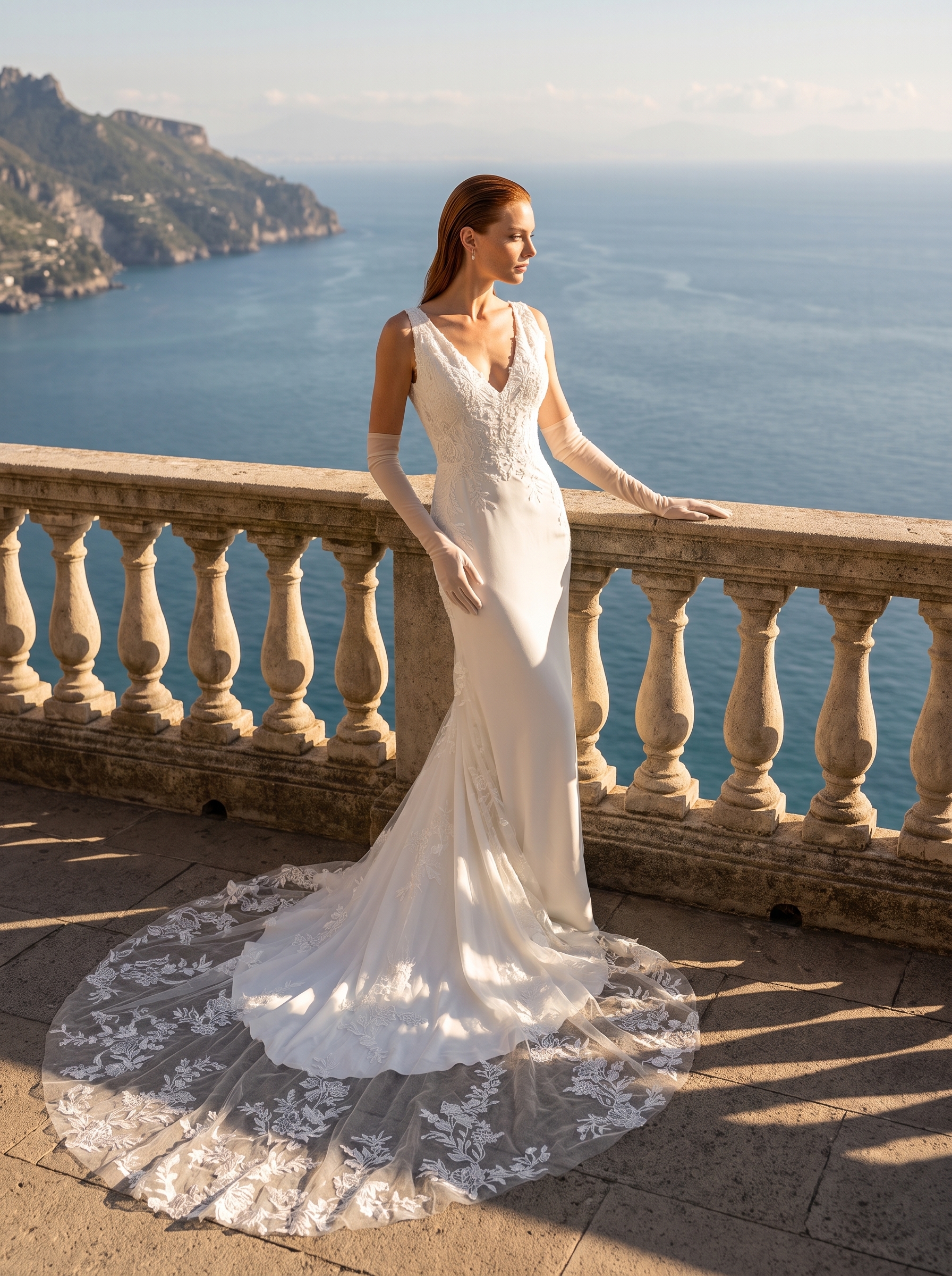 Wedding Dresses Collection Blair Blake fit-and-flare wedding dress with plunging V-neckline, floral lace bodice, smooth skirt, and sheer lace train.