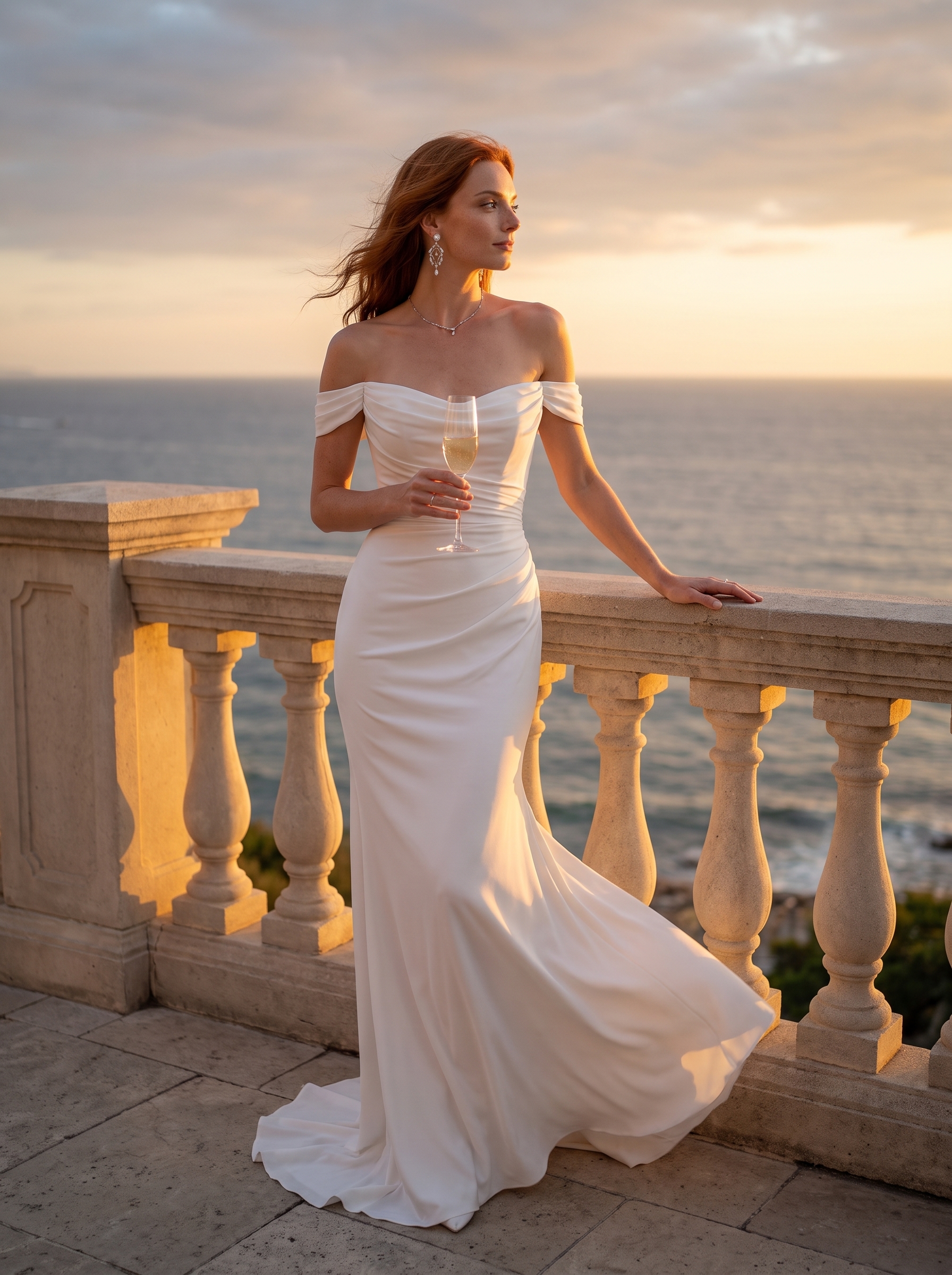 Ivory crepe fit and flare wedding dress with draped off-the-shoulder neckline and ruched bodice.