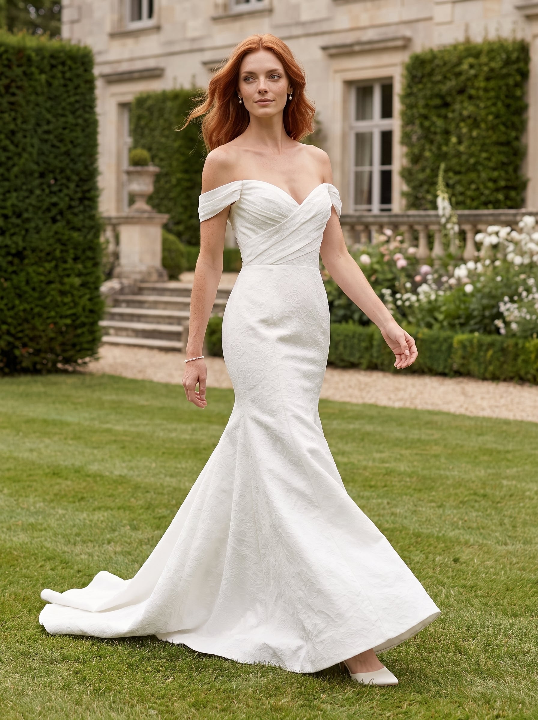 Page Updates & Announcements Claire ivory jacquard fit and flare wedding dress with off-the-shoulder straps, draped sweetheart neckline, and sweeping train.