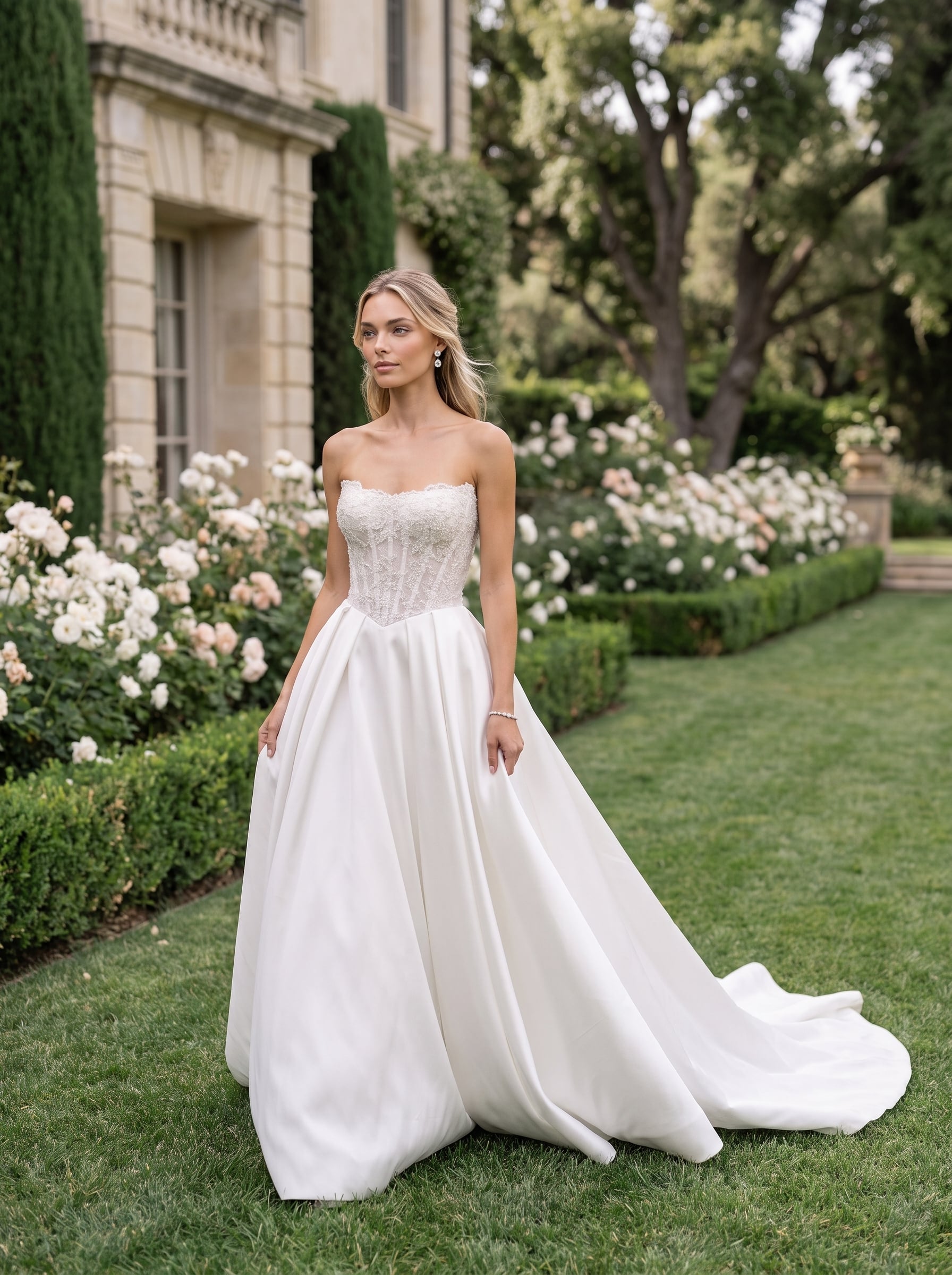 Elegant Strapless Scoop Neckline Lace Bodice A-Line Wedding Dress Kehlani Blake Kehlani Blake strapless A-line wedding dress with scoop neckline, antique lace corset bodice, basque waist, and flowing skirt.