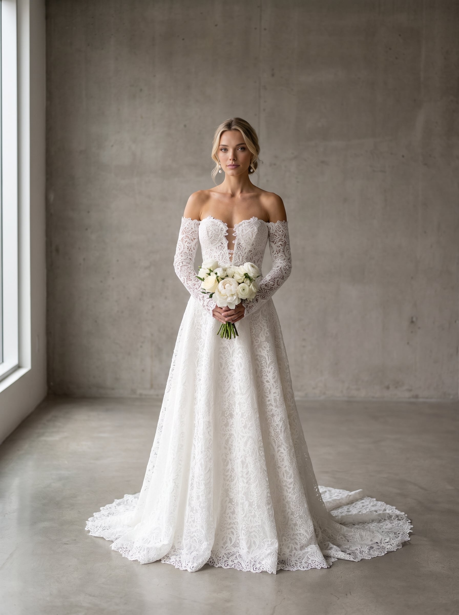 Clementine Blake ivory floral lace A-line bridal gown with a sweetheart neckline, illusion plunge bodice, and detachable off-the-shoulder long lace sleeves.