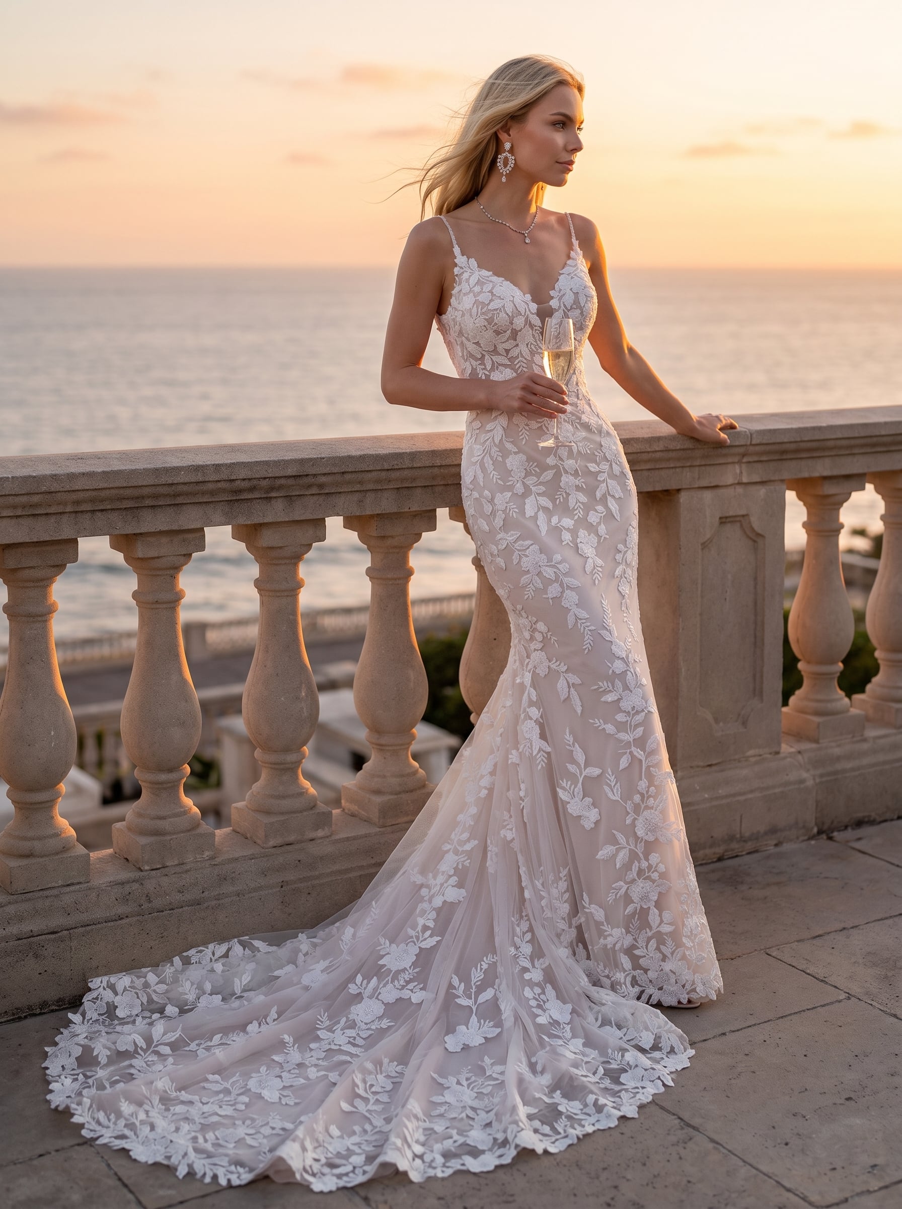 Page Updates & Announcements Burke floral lace fit and flare wedding dress with plunging V-neckline, spaghetti straps, and lace train.