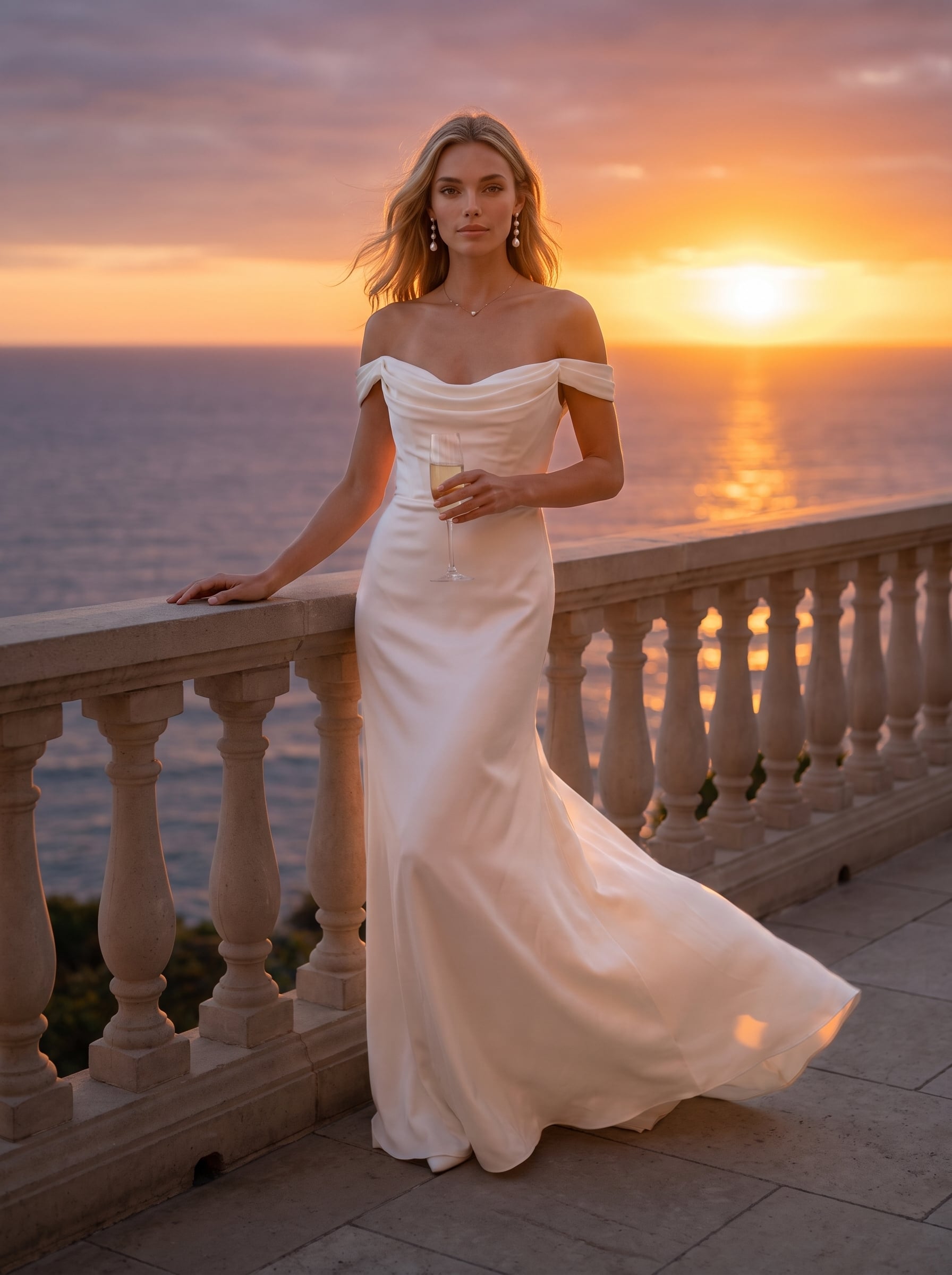 Winona satin fit-and-flare wedding dress featuring a softly draped scoop neckline, off-the-shoulder straps, structured corset bodice, fitted waist, and smooth, gently flared skirt.