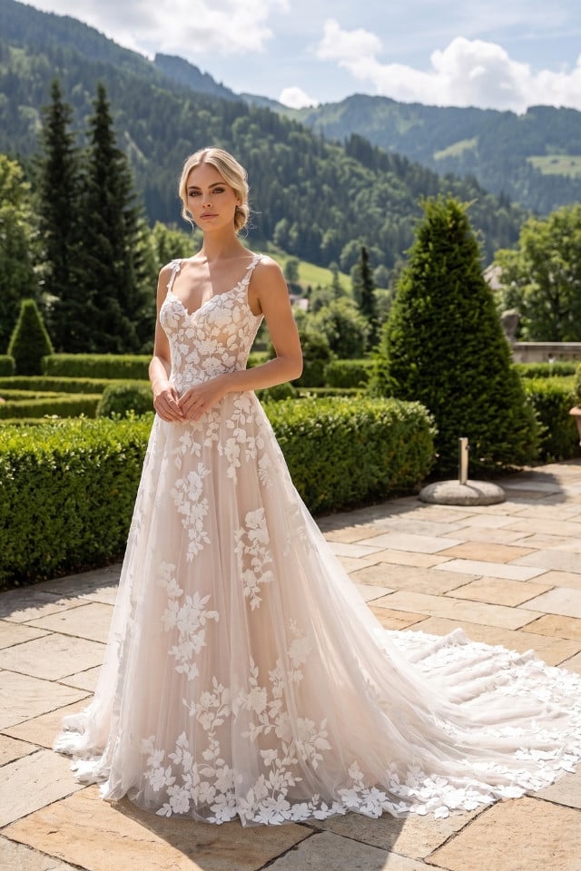 Wedding Dresses Collection Millie Blake A-line wedding dress with V-neckline, floral lace straps, flowing tulle skirt, and embroidered lace train.