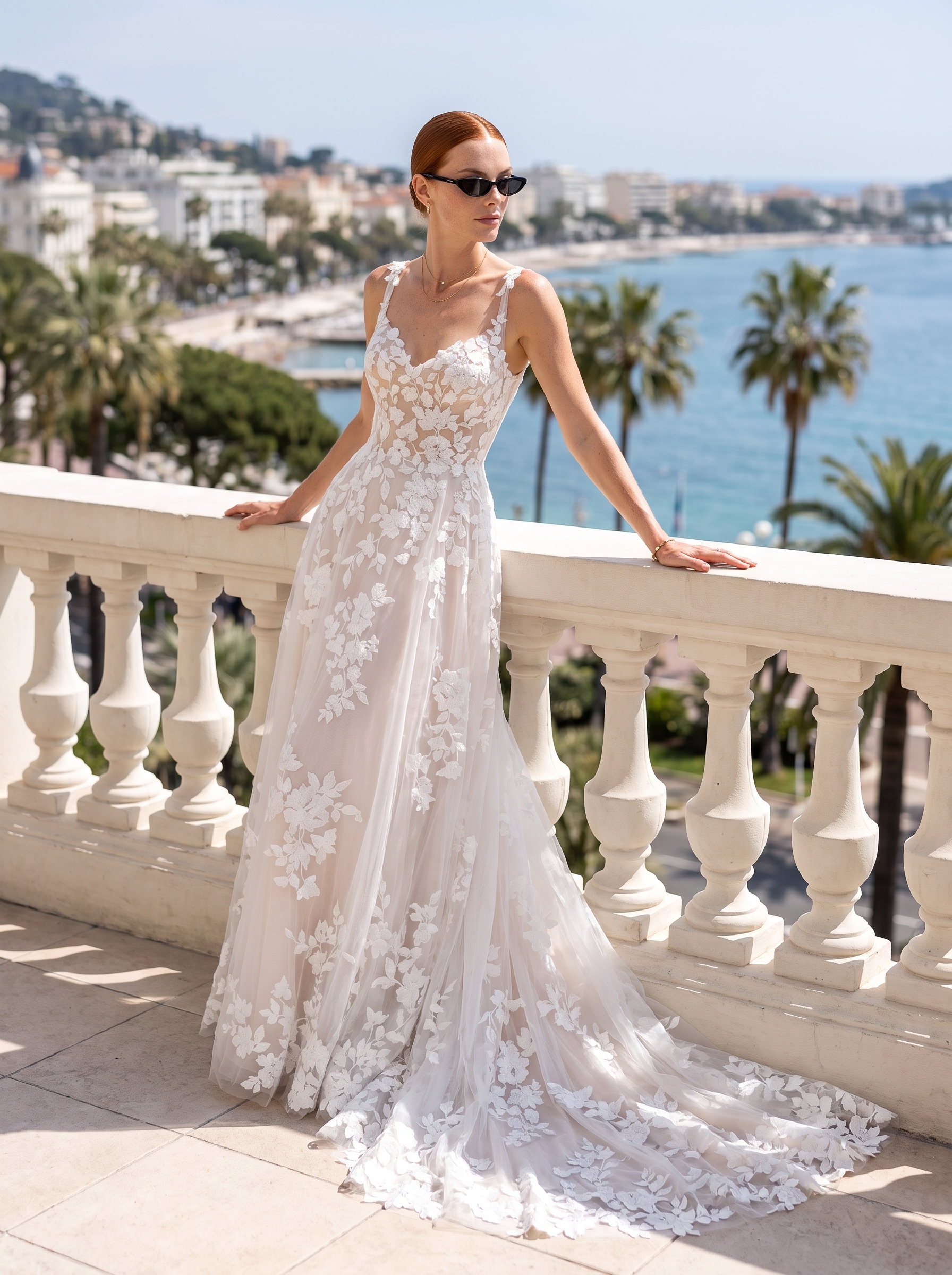 Wedding Dresses Collection Millie Blake A-line wedding dress with V-neckline, floral lace straps, flowing tulle skirt, and embroidered lace train.
