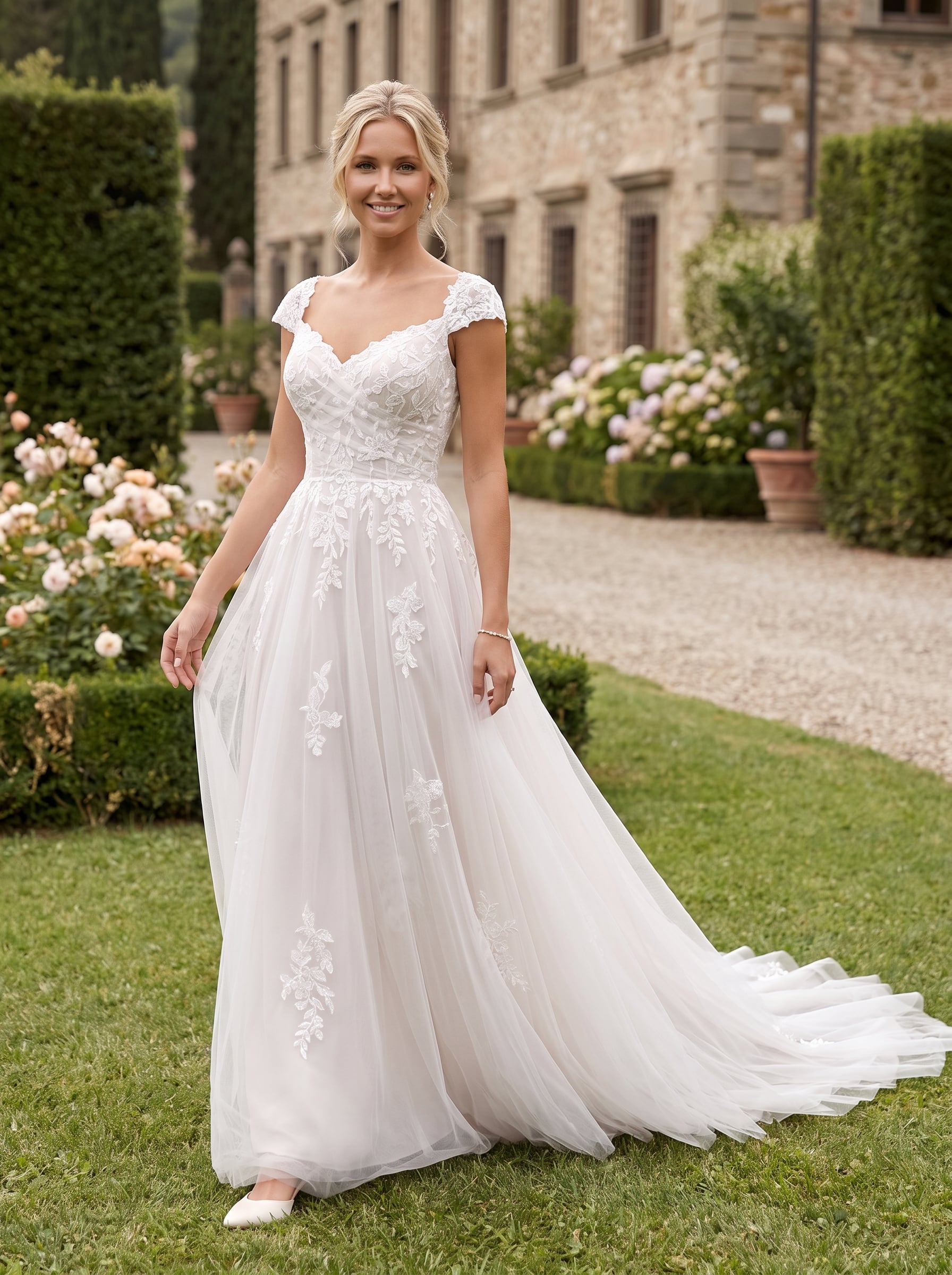 Wedding Dresses Collection Helena Blake A-line wedding dress with floral lace cap sleeves, sweetheart neckline, and flowing tulle skirt.