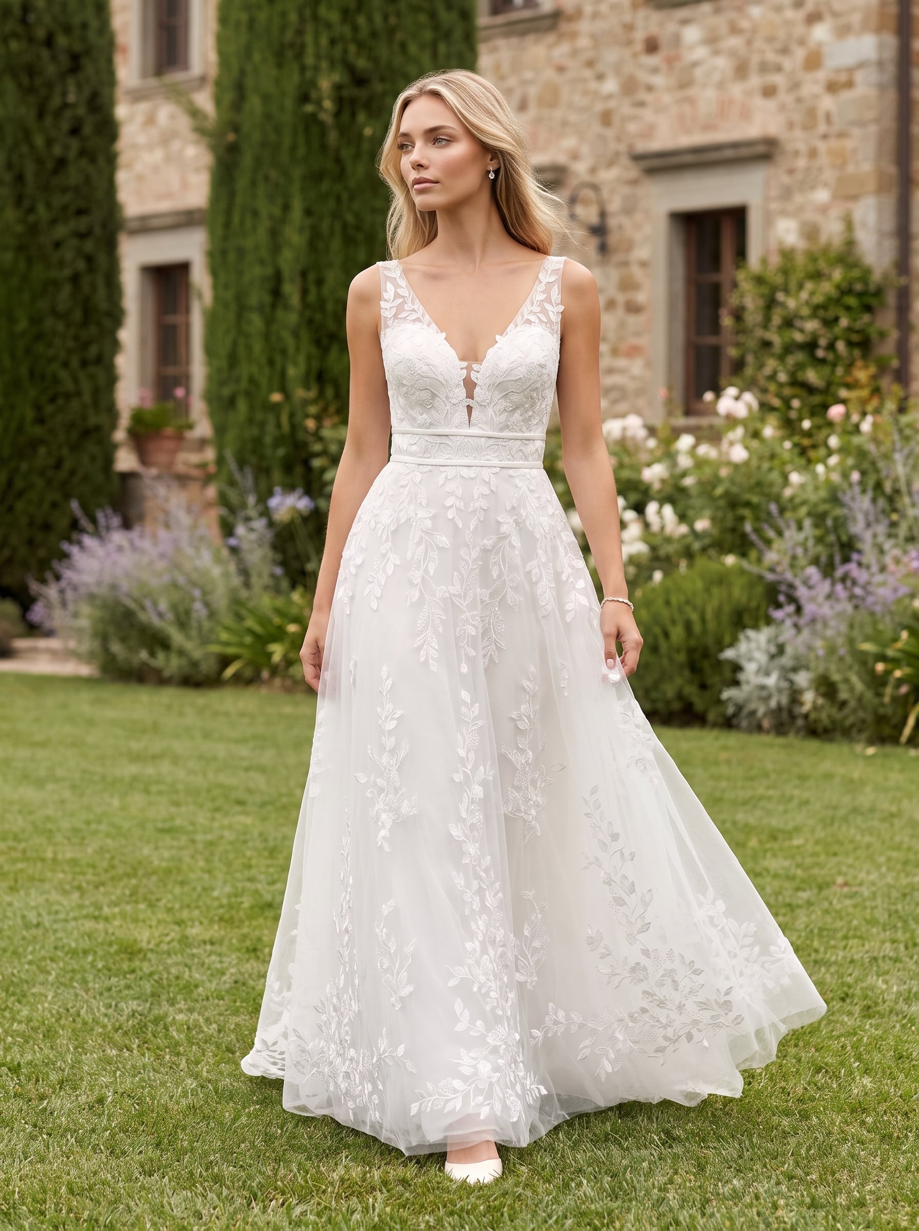 Wedding Dresses Collection Lily Blake A-line wedding dress with plunging V-neckline, floral lace bodice, defined waistband, and flowing tulle skirt.