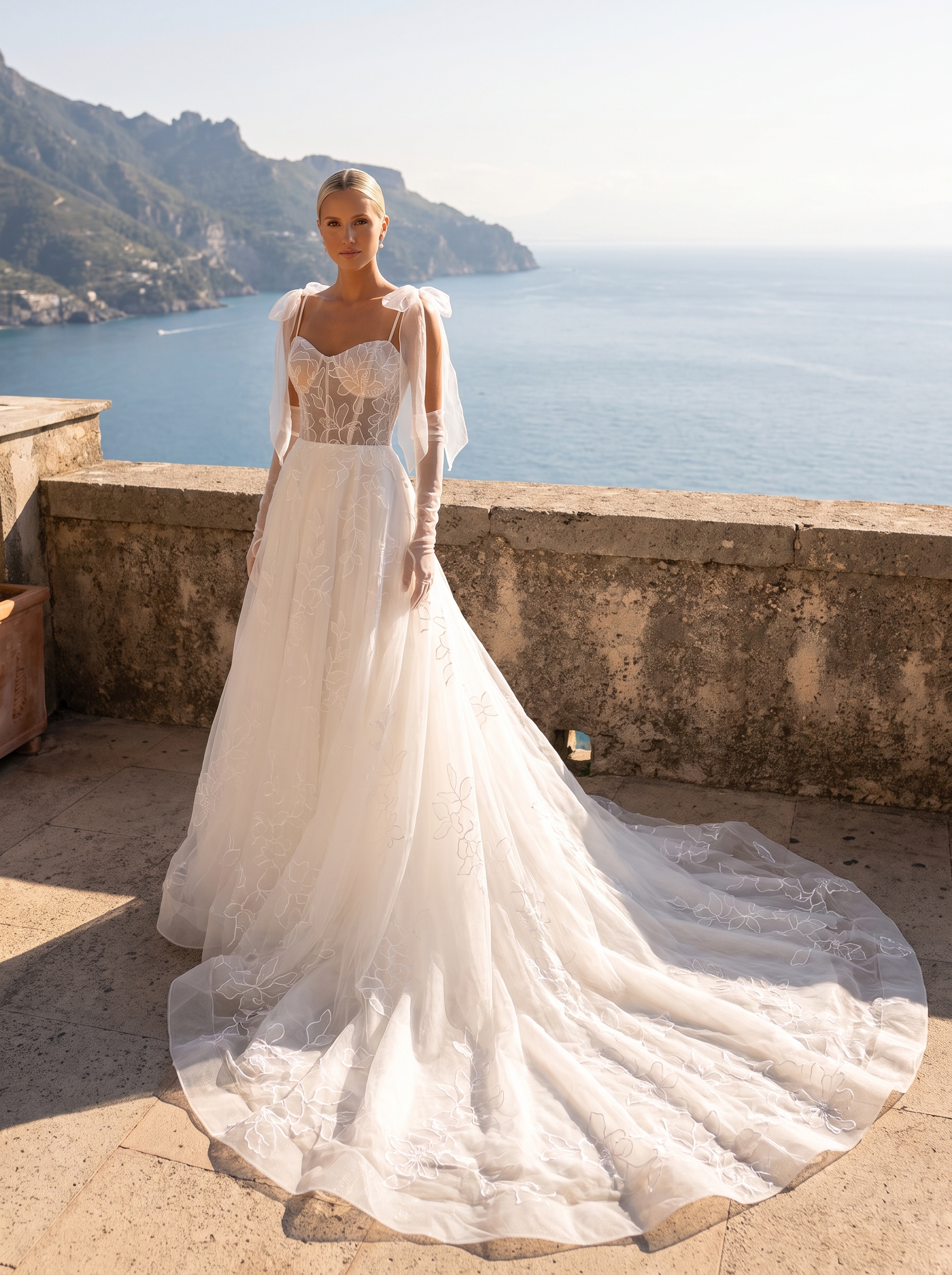 Wedding Dresses Collection Joselyn Blake A-line wedding dress with sweetheart neckline, sheer floral lace bodice, tulle shoulder bows, and embroidered train.