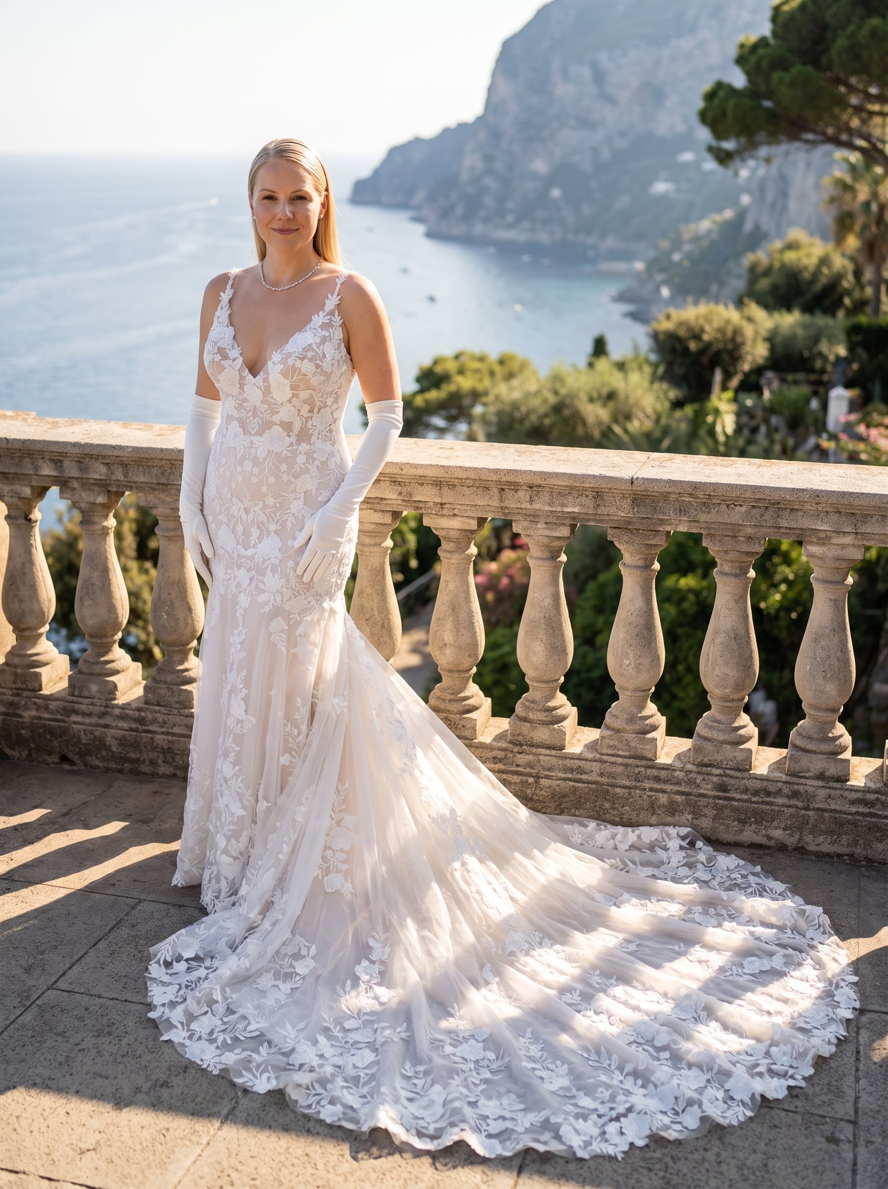Wedding Dresses Collection Cora Blake fitted wedding dress with plunging V-neckline, floral lace appliqués, and flowing lace-trimmed train.