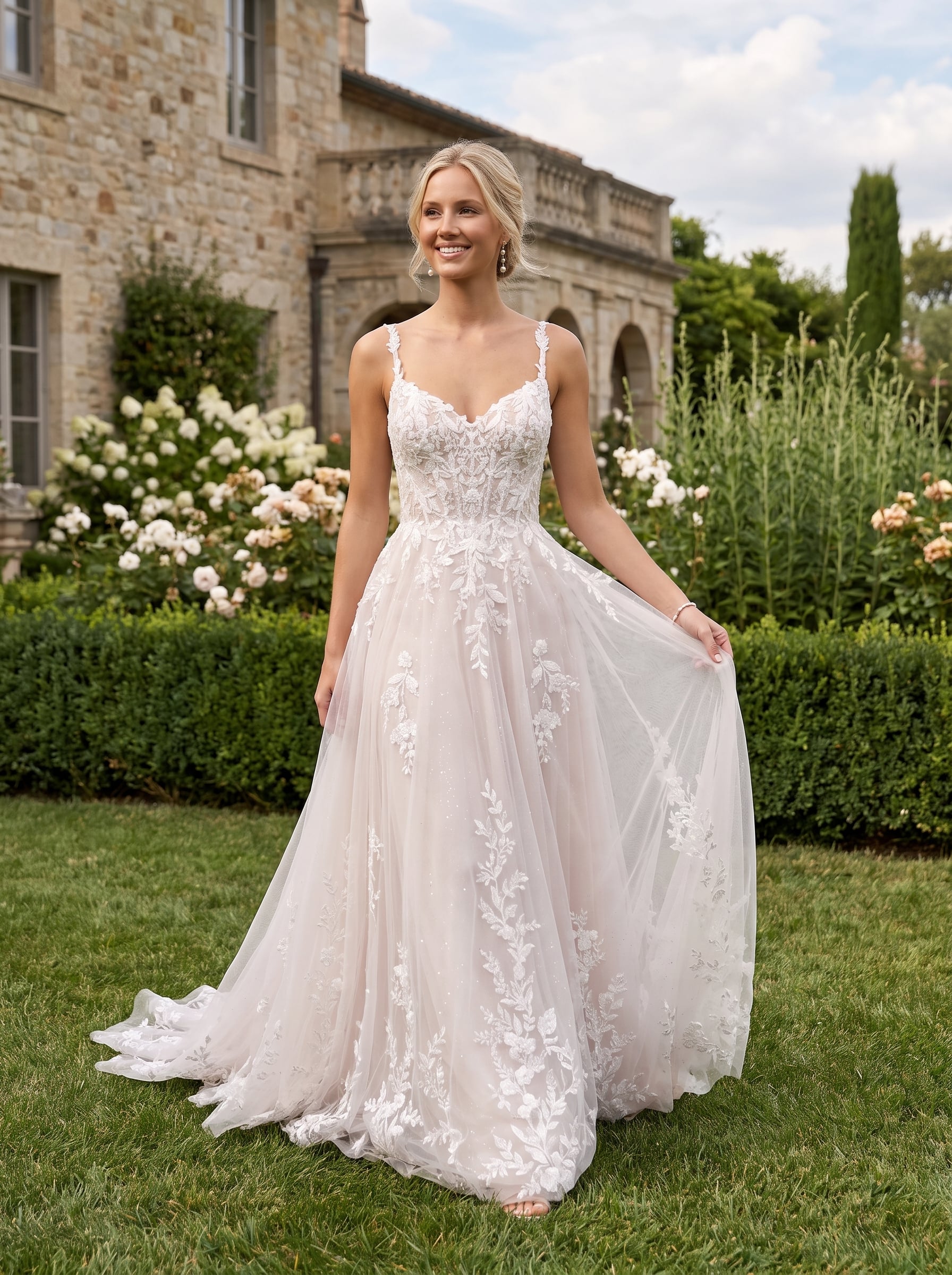 Page Updates & Announcements Goldie Blake floral lace A-line wedding dress with delicate straps, sweetheart neckline, sparkle tulle skirt, and sweeping train.