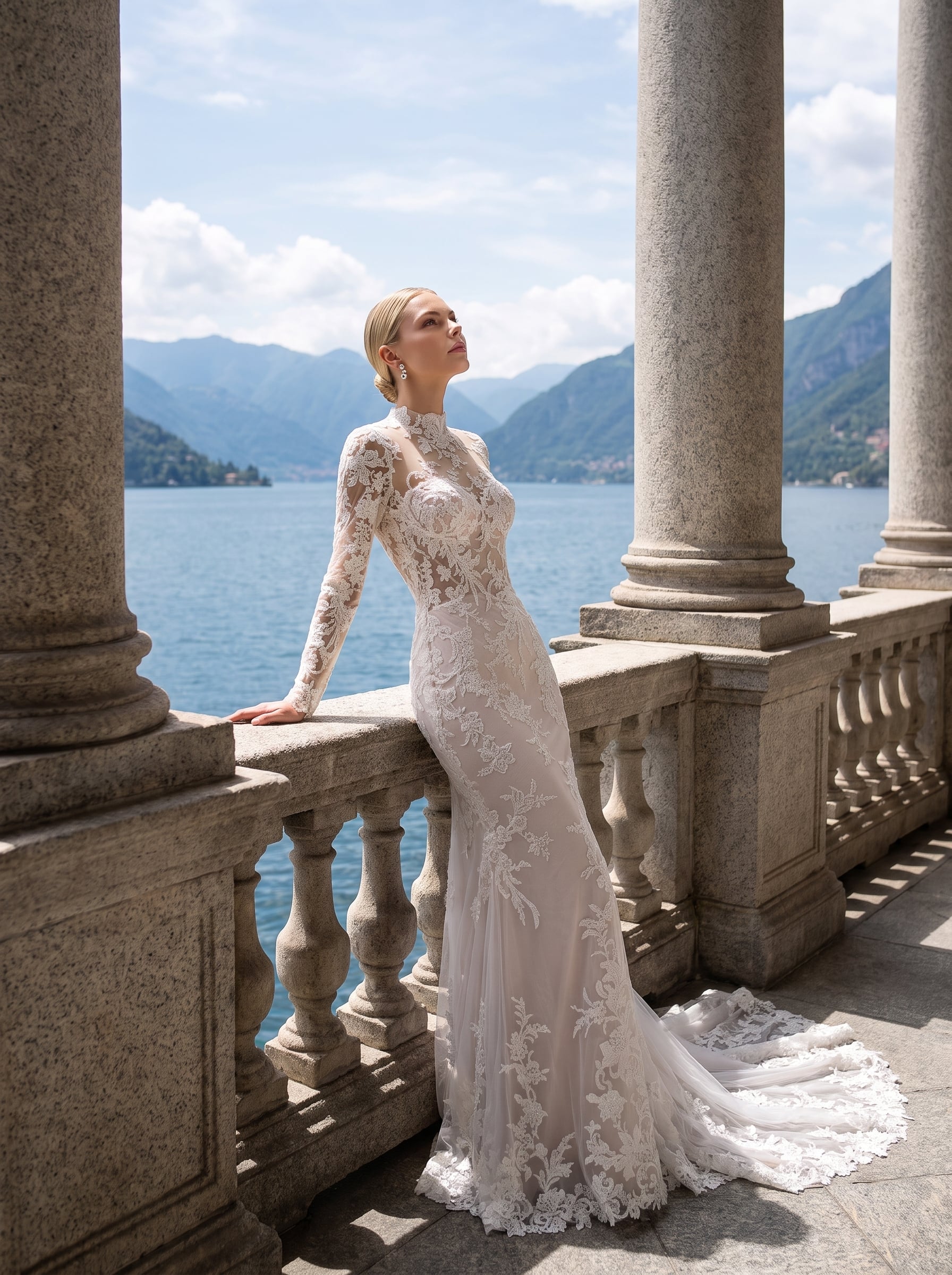 Page Updates & Announcements Deanna lace fit and flare wedding dress with high illusion neckline, sheer long sleeves, floral appliqués, and sweeping lace train.