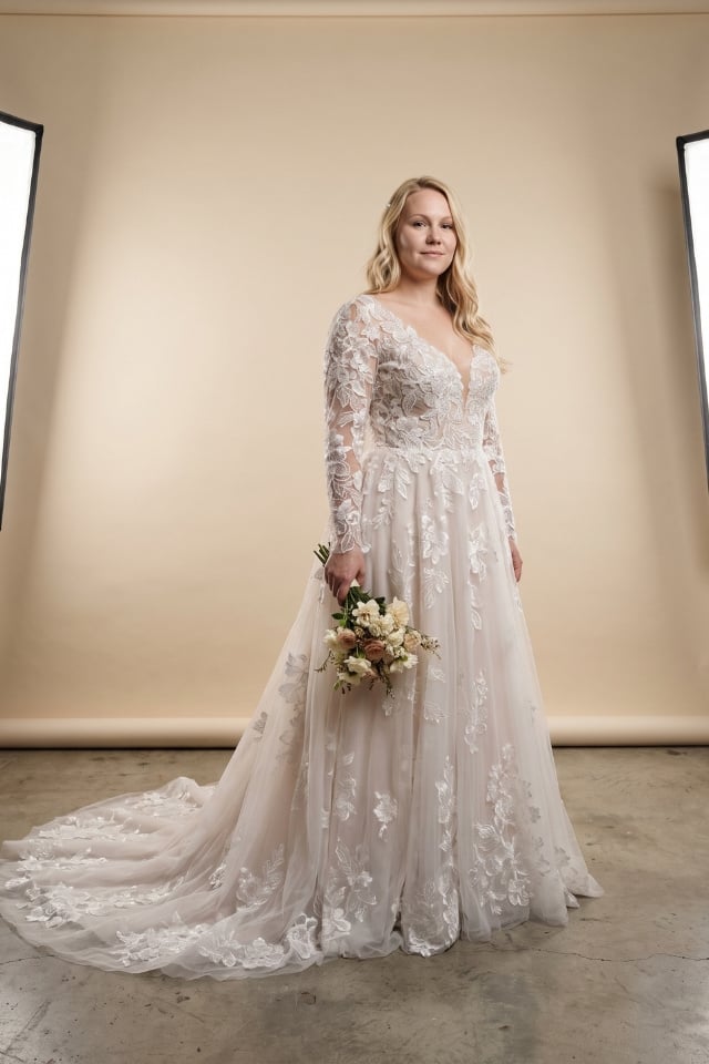 Page Updates & Announcements Eden Blake long sleeve A-line wedding dress with plunging V-neckline, floral lace appliqués, flowing tulle skirt, and lace train.