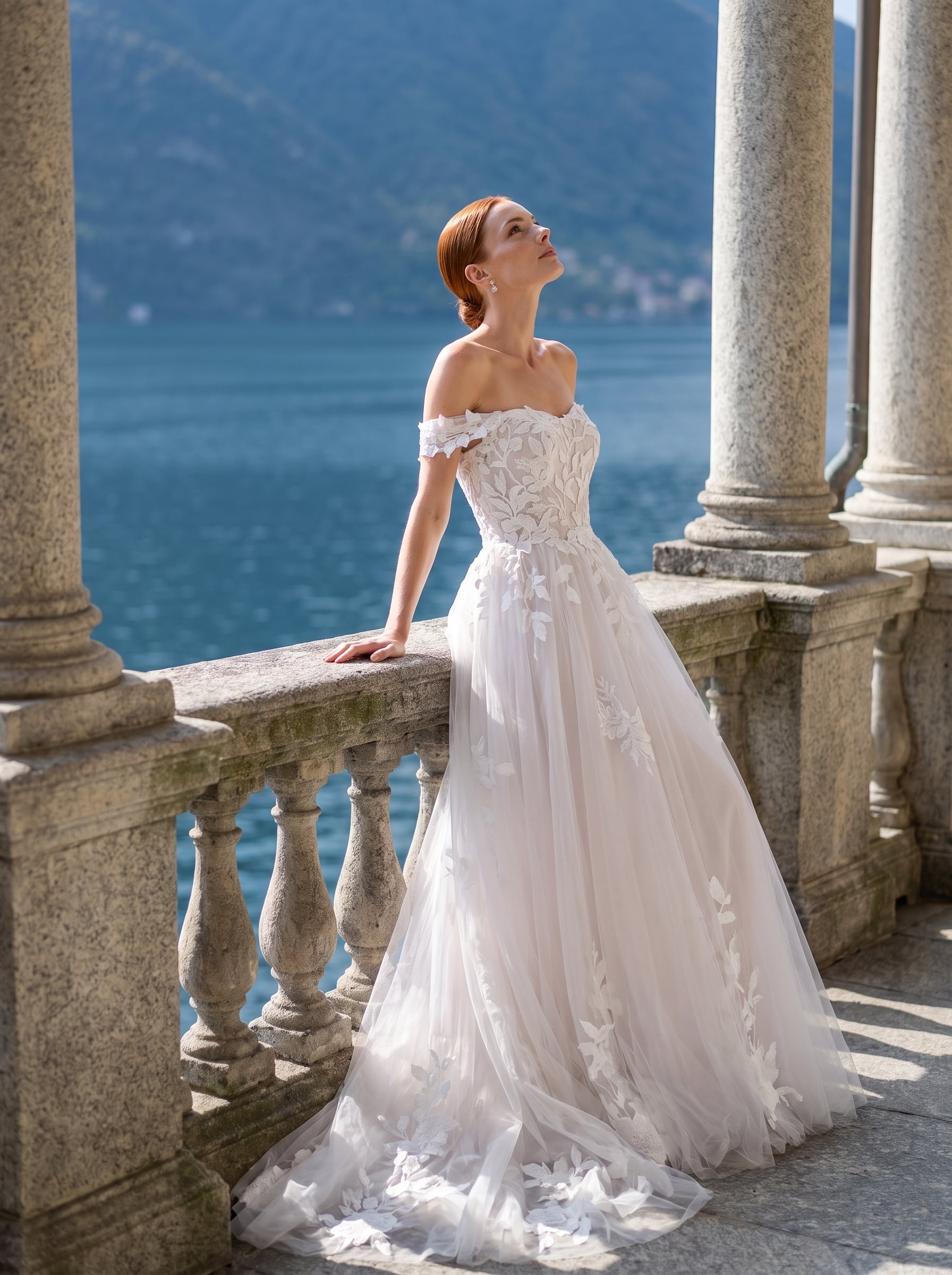 Wedding Dresses Collection Darian Nicole off-the-shoulder A-line wedding dress with sweetheart neckline, floral lace bodice, flowing tulle skirt, and train.
