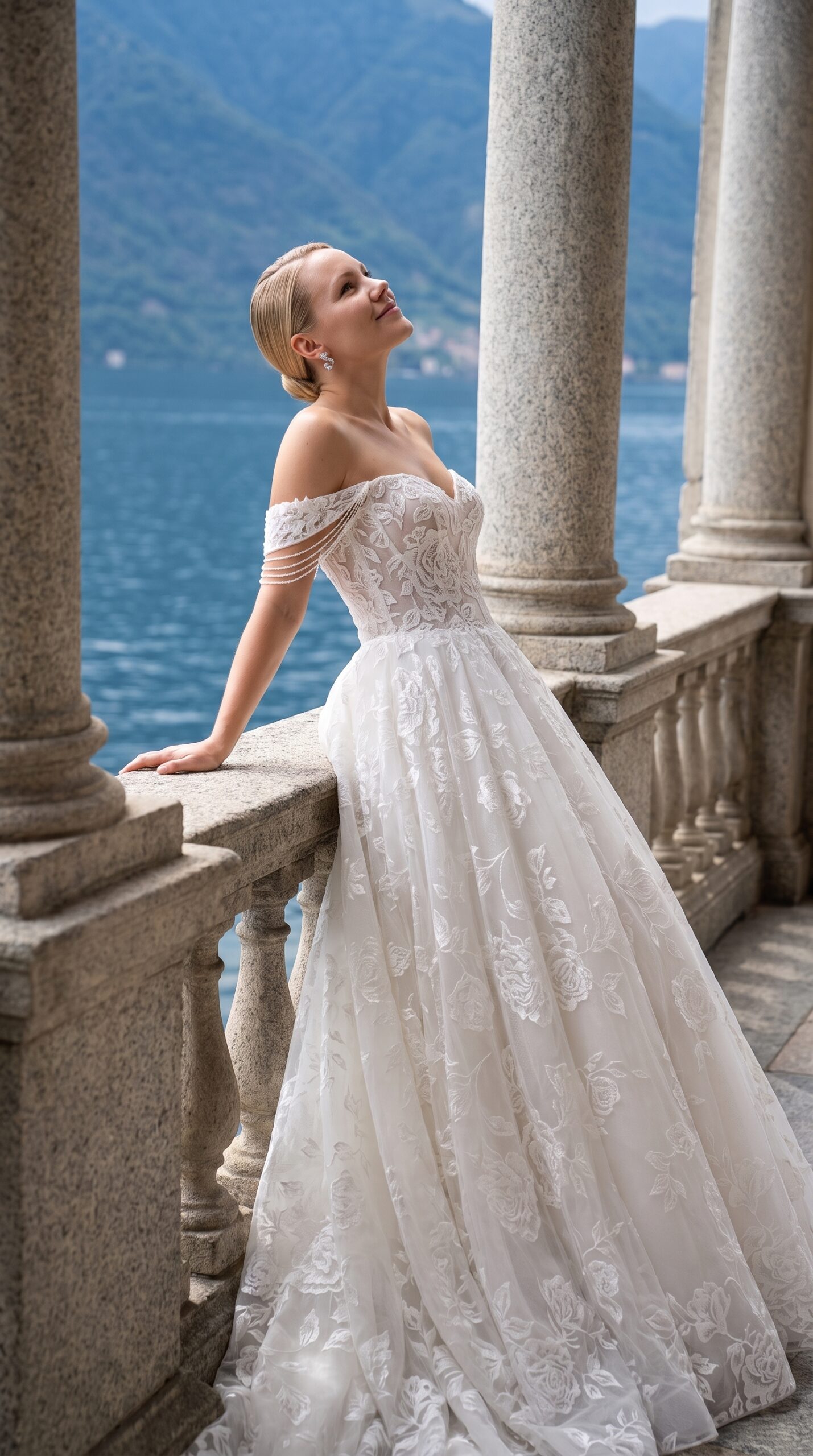 Wedding Dresses Collection Katarina Blake A-line wedding dress with floral lace, sweetheart neckline, pearl-draped off-the-shoulder straps, and flowing tulle skirt.