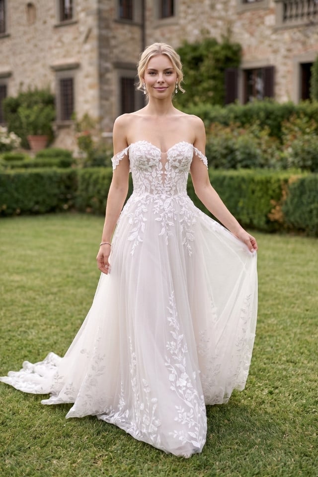 Page Updates & Announcements Sadie Blake floral lace A-line wedding dress with off-the-shoulder straps, sweetheart neckline, and flowing tulle skirt.