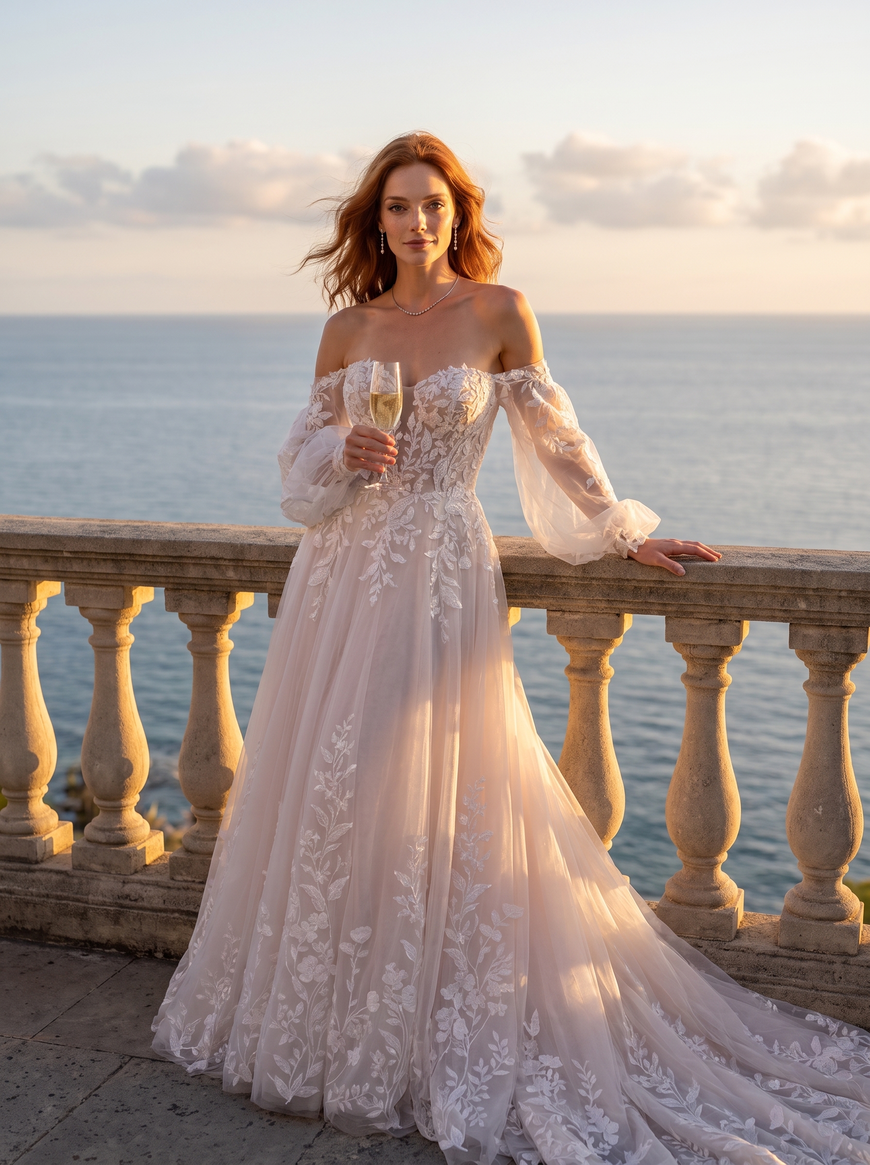 Wedding Dresses Collection Talulla Blake A-line wedding dress with floral lace, off-the-shoulder sweetheart neckline, sheer billowy sleeves, and flowing tulle skirt.